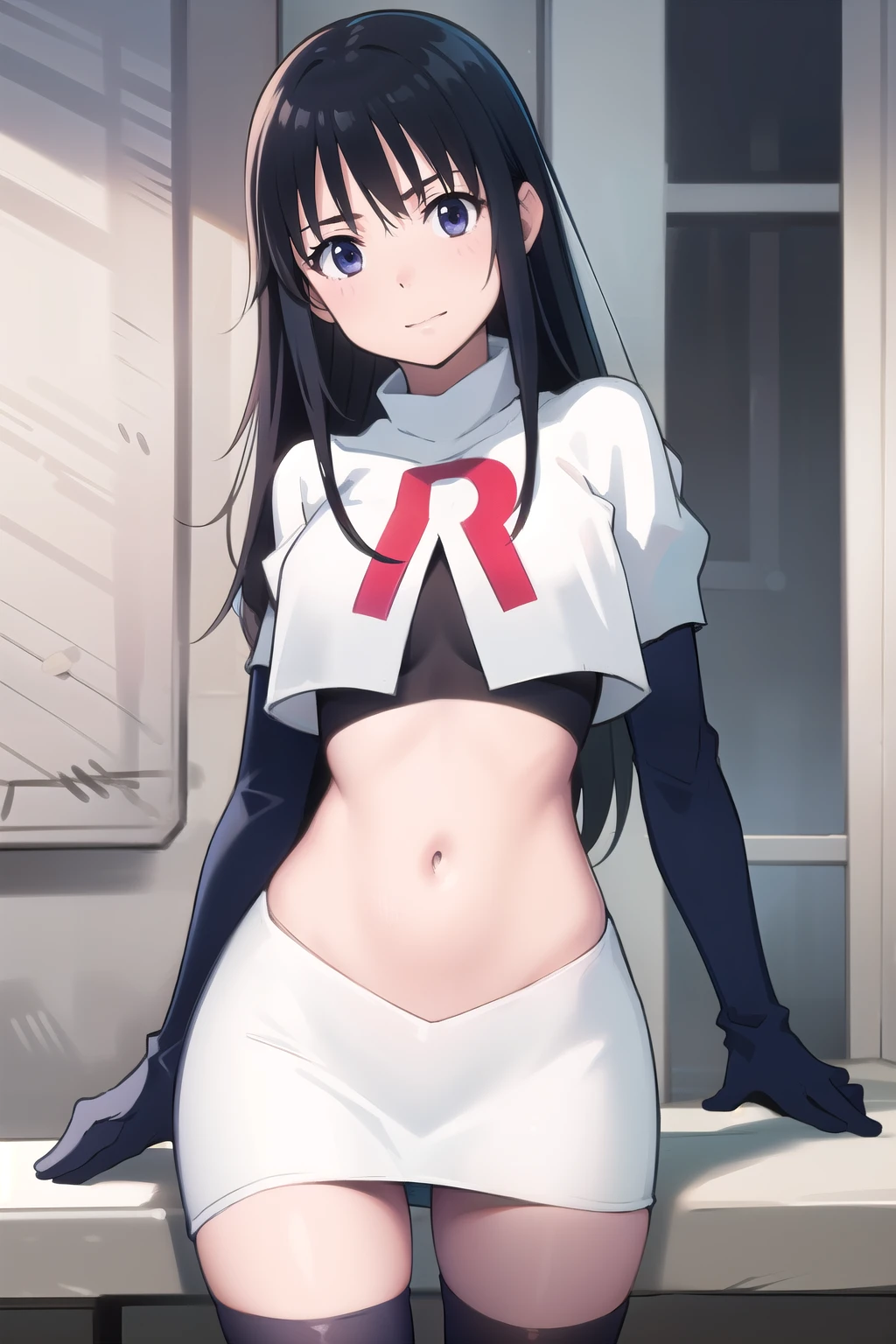 photorealistic, (4k), depth of field, (Masterpiece), (realistic skin texture), extremely detailed, intricate, hyper detailed, professional photography, high resolution, sharp detail, best quality, girl, long hair, black hair, dark blue eyes, face mark,team rocket,team rocket uniform,white skirt,red letter R,crop top,black thigh-highs,black elbow gloves
