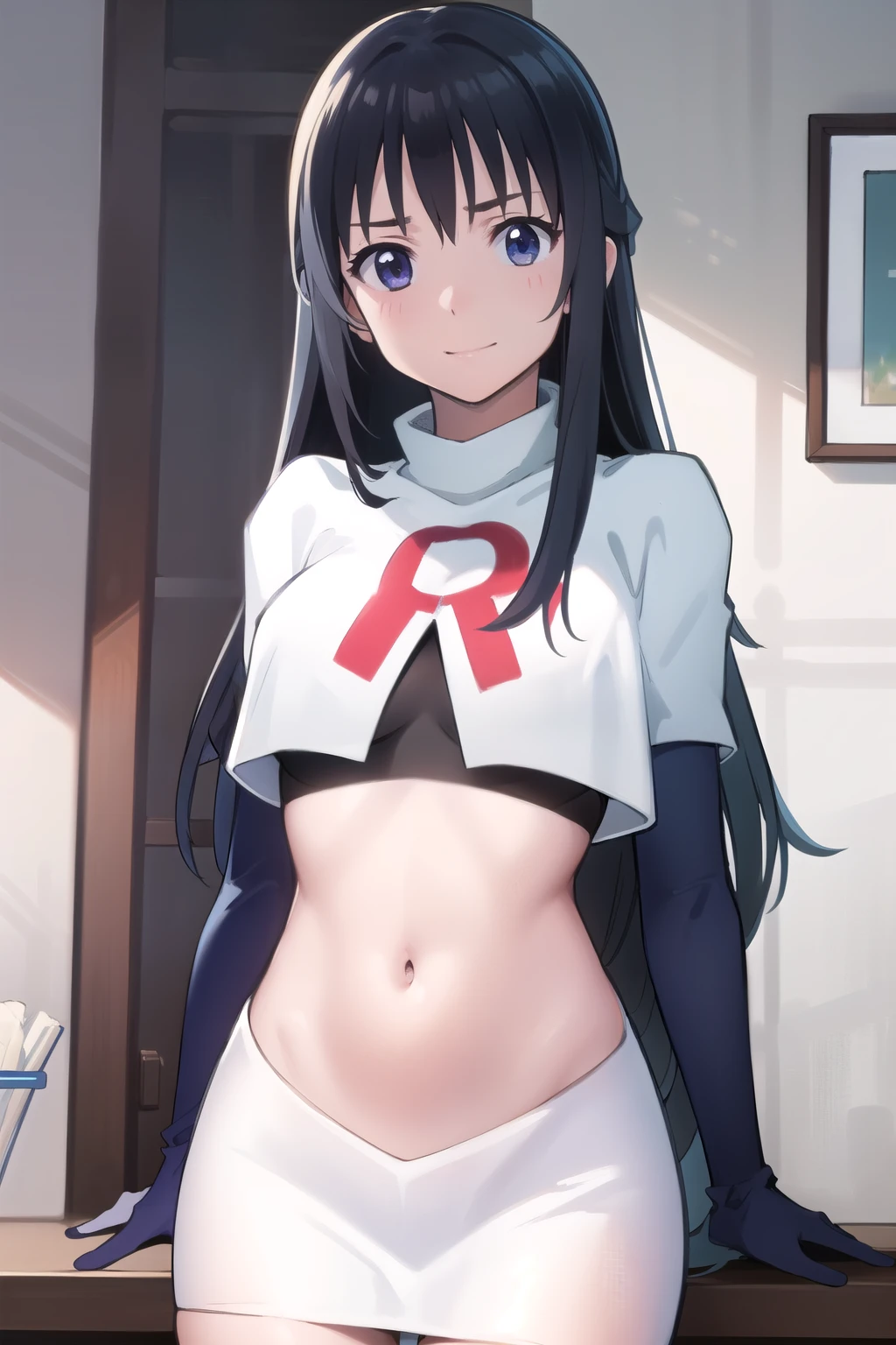 photorealistic, (4k), depth of field, (Masterpiece), (realistic skin texture), extremely detailed, intricate, hyper detailed, professional photography, high resolution, sharp detail, best quality, girl, long hair, black hair, dark blue eyes, face mark,team rocket,team rocket uniform,white skirt,red letter R,crop top,black thigh-highs,black elbow gloves