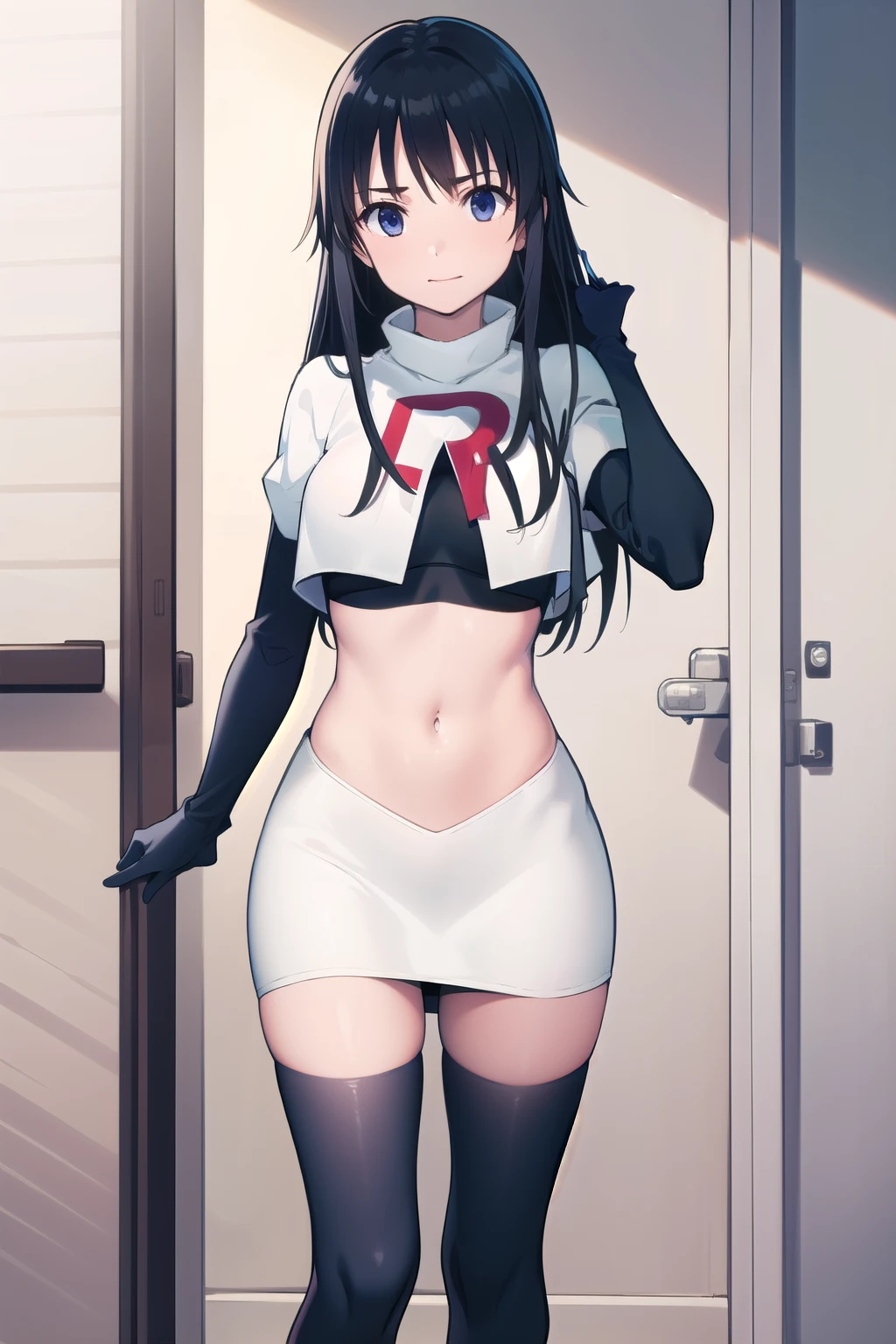 photorealistic, (4k), depth of field, (Masterpiece), (realistic skin texture), extremely detailed, intricate, hyper detailed, professional photography, high resolution, sharp detail, best quality, girl, long hair, black hair, dark blue eyes, face mark,team rocket,team rocket uniform,white skirt,red letter R,crop top,black thigh-highs,black elbow gloves
