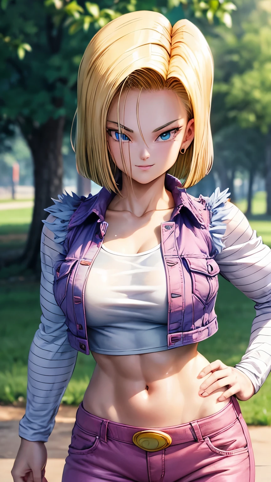 Android 18, ( upper body closeup shot ), ( Bokeh effect ), (cowboy shot), very seductive, seductive pose, smiling, cute, very cute, ultra high definition, masterpiece, ultra high quality, ultra detailing, 8k,pink pants, pink jacket,wet clothes, standing,big tits,(huge tits),(pov, closed shot:1.2)