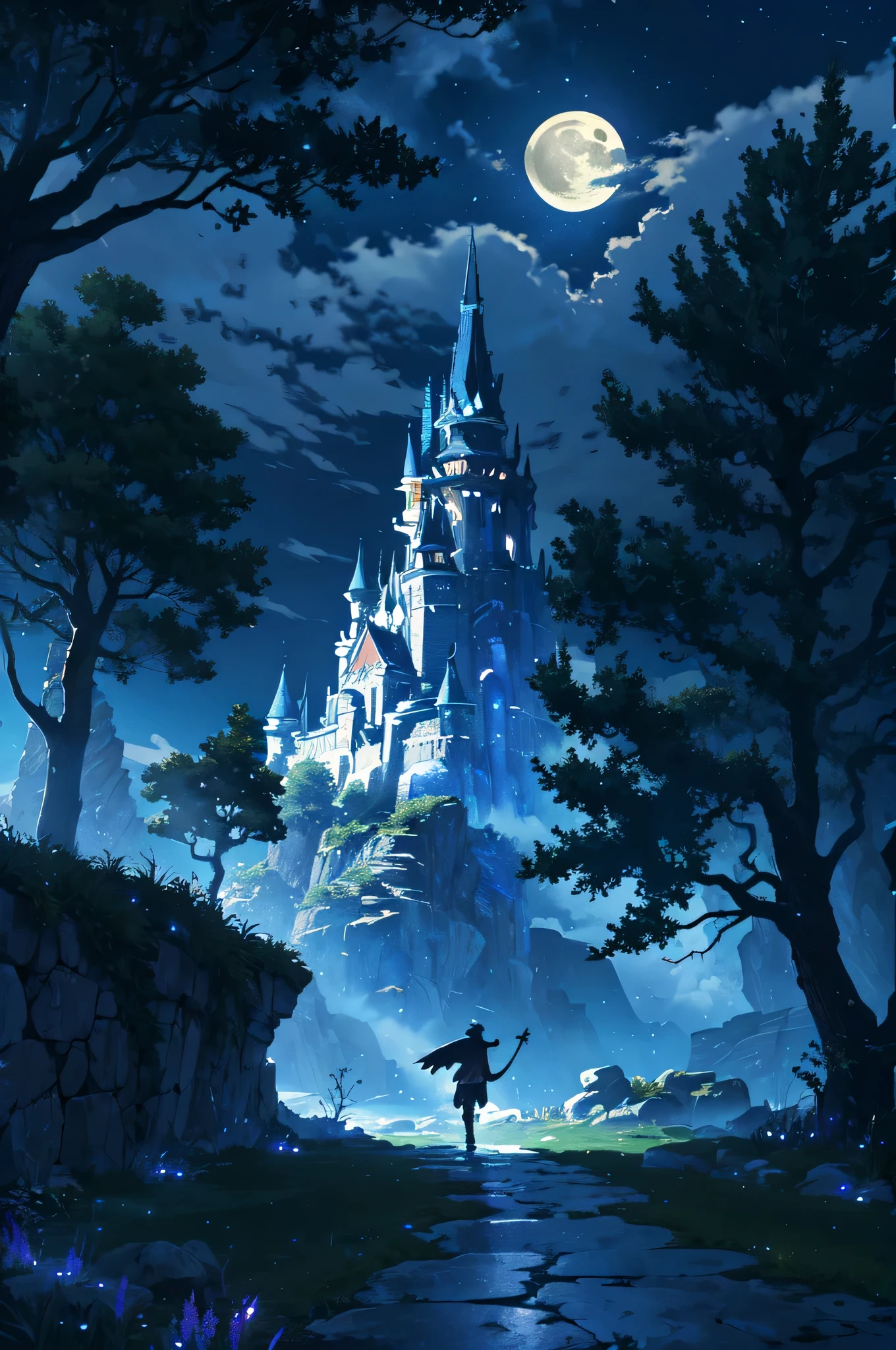 magical night, trees, stone, crescent moon, fantasy world, clouds, path, (masterpiece, best quality: 1.2)