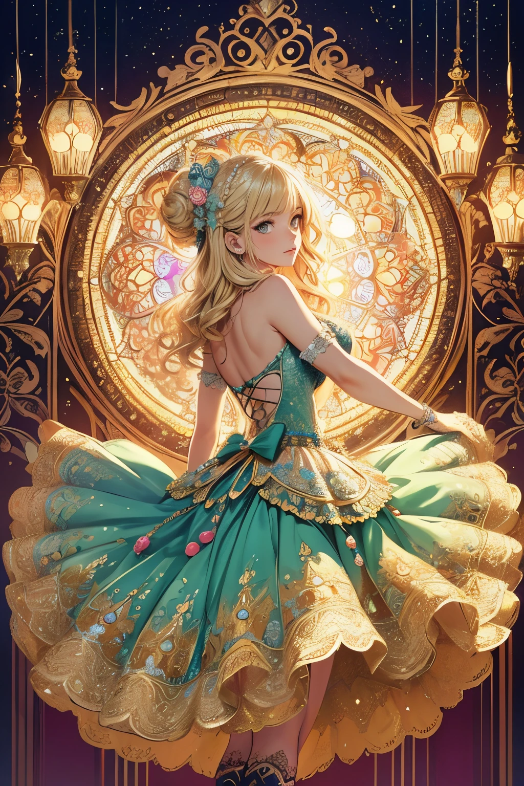 (Masterpiece, Best Quality), 8k,(((highly detailed))), lace:1.8,Super intricate lace pattern,colorful lace pattern,stained glass background, mandala,light-up,rococo tutu, 1 woman,open back,(wave hair,blonde hair),