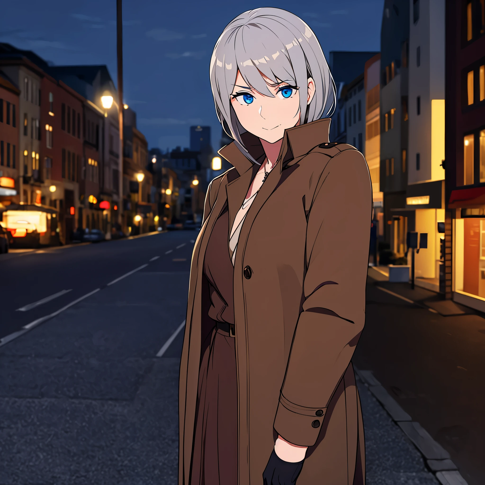 A woman wearing a long brown jacket, blue eyes, gray hair, in the city of Washington at night

