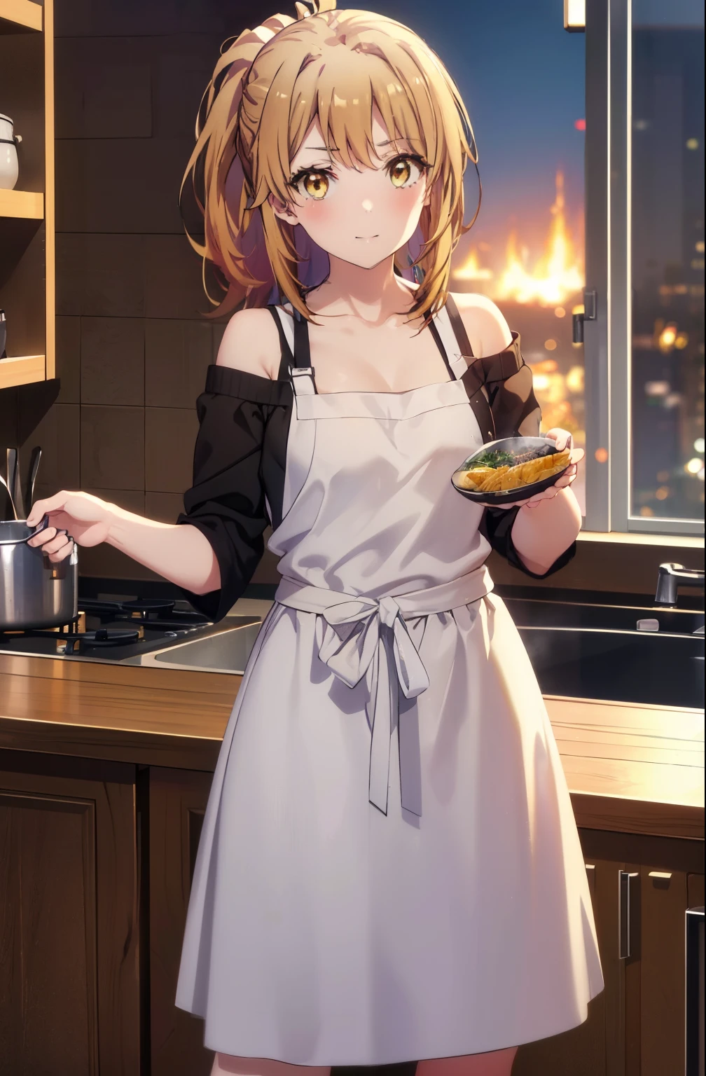 irohaisshiki, iroha isshiki, long hair, ponytail,brown hair, (brown eyes:1.5), blush,smile,open your mouth,off shoulder sweater,naked neck,bare clavicle,bare shoulders,long skirt,indoor slippers,apron,cook in the kitchen、cook pasta on a frying pan break indoors, kitchen,
break looking at viewer,
break (masterpiece:1.2), highest quality, High resolution, unity 8k wallpaper, (figure:0.8), (detailed and beautiful eyes:1.6), highly detailed face, perfect lighting, Very detailed CG, (perfect hands, perfect anatomy),