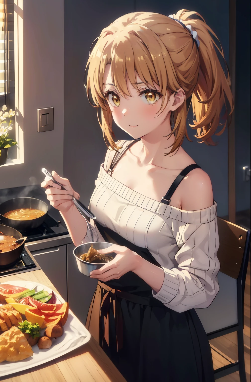 irohaisshiki, iroha isshiki, long hair, ponytail,brown hair, (brown eyes:1.5), blush,smile,open your mouth,off shoulder sweater,naked neck,bare clavicle,bare shoulders,long skirt,indoor slippers,apron,cook in the kitchen、cook pasta on a frying pan break indoors, kitchen,
break looking at viewer,
break (masterpiece:1.2), highest quality, High resolution, unity 8k wallpaper, (figure:0.8), (detailed and beautiful eyes:1.6), highly detailed face, perfect lighting, Very detailed CG, (perfect hands, perfect anatomy),