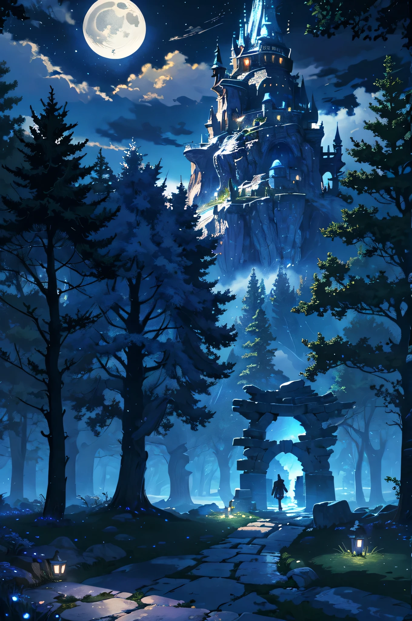 magical night, trees, stone, crescent moon, fantasy world, clouds, path, (masterpiece, best quality: 1.2)