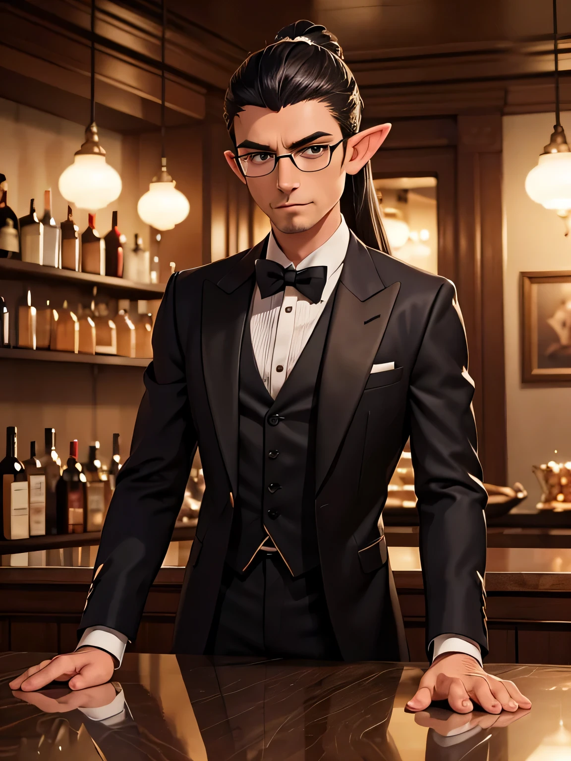 (best quality,4k,ultra-detailed,realistic:1.37),male elf in butler attire,black eyes,long silver hair,topknot,stern expression,standing at bar,bar counter,crystal goblets,smoky atmosphere,subdued lighting,rich wood tones,art deco design,luxurious surroundings,gentlemanly demeanor,observant eyes,confident posture,sparkling clean glasses,refined taste in drinks,hints of magic in the air