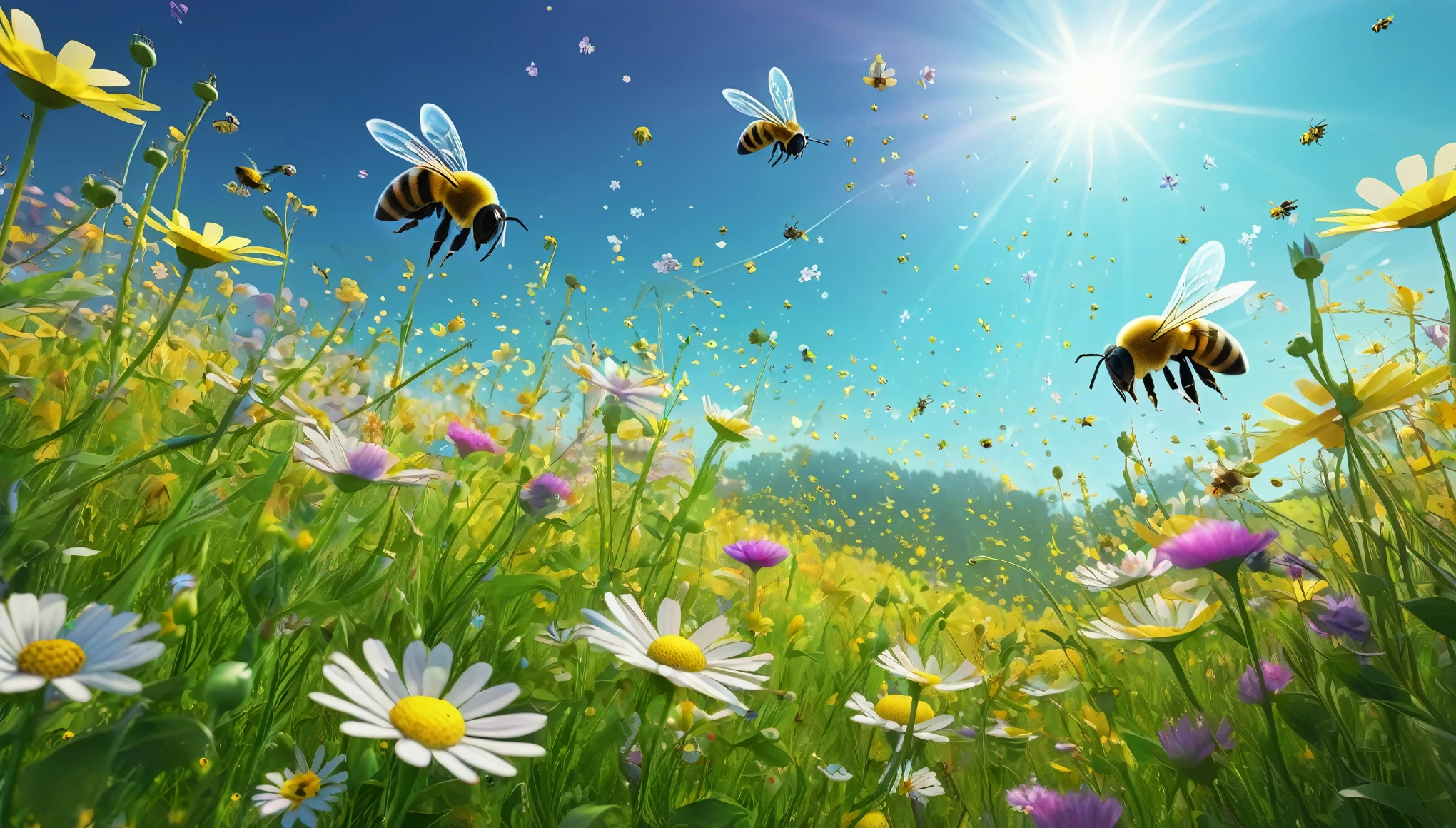 A utopian meadow where android bees pollinate flowers made of hovering digital particles, their petals shifting through vibrant code with each brush of wind.