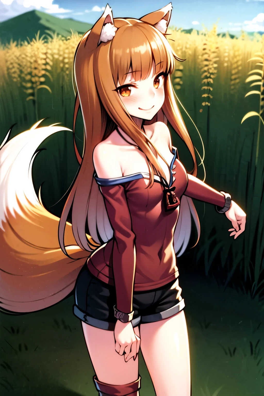 1girl, solo, standing, holo \(spice and wolf\), wolf girl, wolf tail, wolf ears, wheat field, detailed background, evening 1girl, bangs, tight shoulders, body, girl, blushing, Boots, breasts, cleavage, sweetheart neckline,
closed mouth, Eyebrows visible in the hair, Very small breasts, long hair , Looking at viewer, smiling, tense, Standing, dolphin shorts, front viewer showing breasts, Ultra HD |, 4k image,