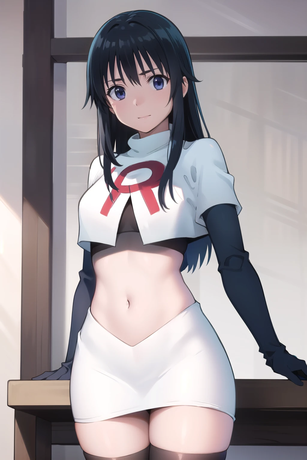 photorealistic, (4k), depth of field, (Masterpiece), (realistic skin texture), extremely detailed, intricate, hyper detailed, professional photography, high resolution, sharp detail, best quality, girl, long hair, black hair, dark blue eyes, face mark,team rocket,team rocket uniform,white skirt,red letter R,crop top,black thigh-highs,black elbow gloves
