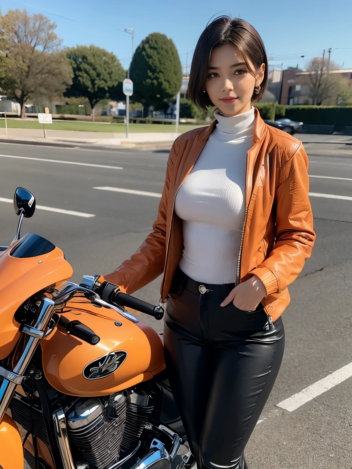  (realistic:1.5), 8k, Super delicate beauty, 1 girl, intricate body details, (short: 1.3), (highest quality: 1.0), (Super high sharpness: 1.0),（Beautiful and delicate depiction of eyes）,((((ride a motorcycle)))),unreal engine:1.4, photorealistic:1.4, skin texture:1.4, masterpiece:1.8,highest quality、smile、long limbs、turtleneck sweater、((orange jacket and long pants))、slender、short hair