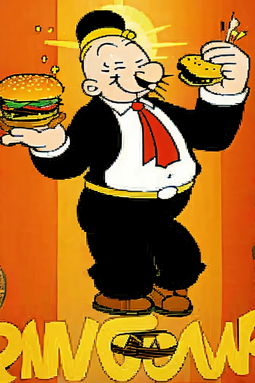 (masterpiece, highest quality:1.2), a cartoon man with a hamburger in his hand, Inspired by Tex Avery, fat penguin, black shirt with red suspenders, Wikimedia Commons, black tie, clip art, hamburger, little man, Popeye, Wimp, qinoy15081959 21121991 01012000 4k, cut out, cigar