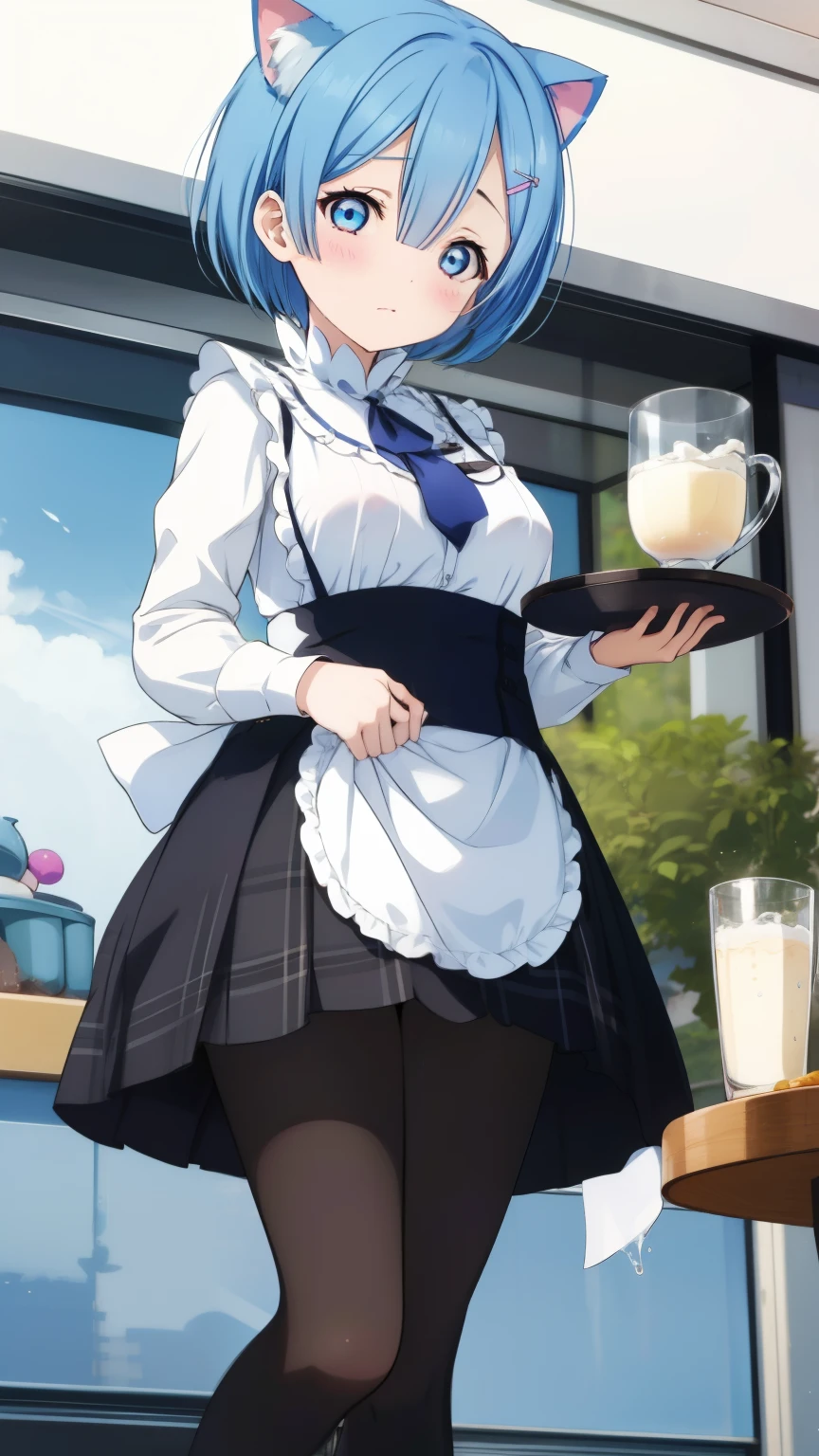Re:Zero's Rem、light blue hair、short hair、table top、High resolution、many girls multiple girls、large crowd、lots of cute girls、big and full breasts、naughty body、See-through、throw、、whole body、Are standing、Look up at me、confused face、blush、black pantyhose、female shape'Private parts are clearly visible、I can see your nipples、white shirt、navy check skirt、micro mini skirt、very short skirt、Department store、shop、Many people々々、in the crowd、bare chest、show your chest、from below、Low - Angle、while holding the tray、place the chest on the tray、Upper grade、A lot of milk comes out from the nipples、Breast milk gushes from the nipple、cat ears maid clothes、blue gingham maid outfit、With cup 、Breast milk drips from the nipples、Breasts wet with breast milk、The shape of a woman's private parts is clearly visible、close up of chest