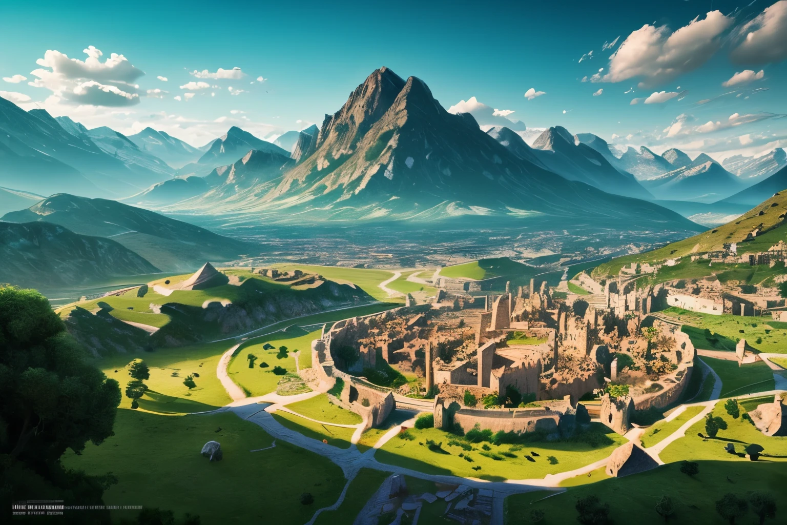 Dnd landscape, a big mountain in the background, medieval city, muralla circular, muchos guerreros a pie(ilustraciones : 1.0), photorealistic lighting, Detalle HD, verano, green Mountain, mountain ranges, ben
