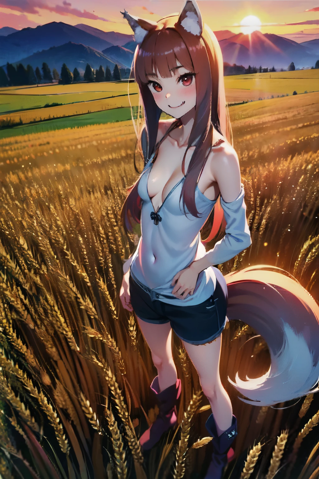 1girl, solo, standing, holo \(spice and wolf\), wolf girl, wolf tail, wolf ears, wheat field, detailed background, evening 1girl, bangs, tight shoulders,  body,  girl,  blushing, Boots, breasts, cleavage, sweetheart neckline, 
 closed mouth, Eyebrows visible in the hair, Very small breasts, long hair , Looking at viewer, smiling, tense, Standing, dolphin shorts, front viewer showing breasts, Ultra HD |, 4k image,  