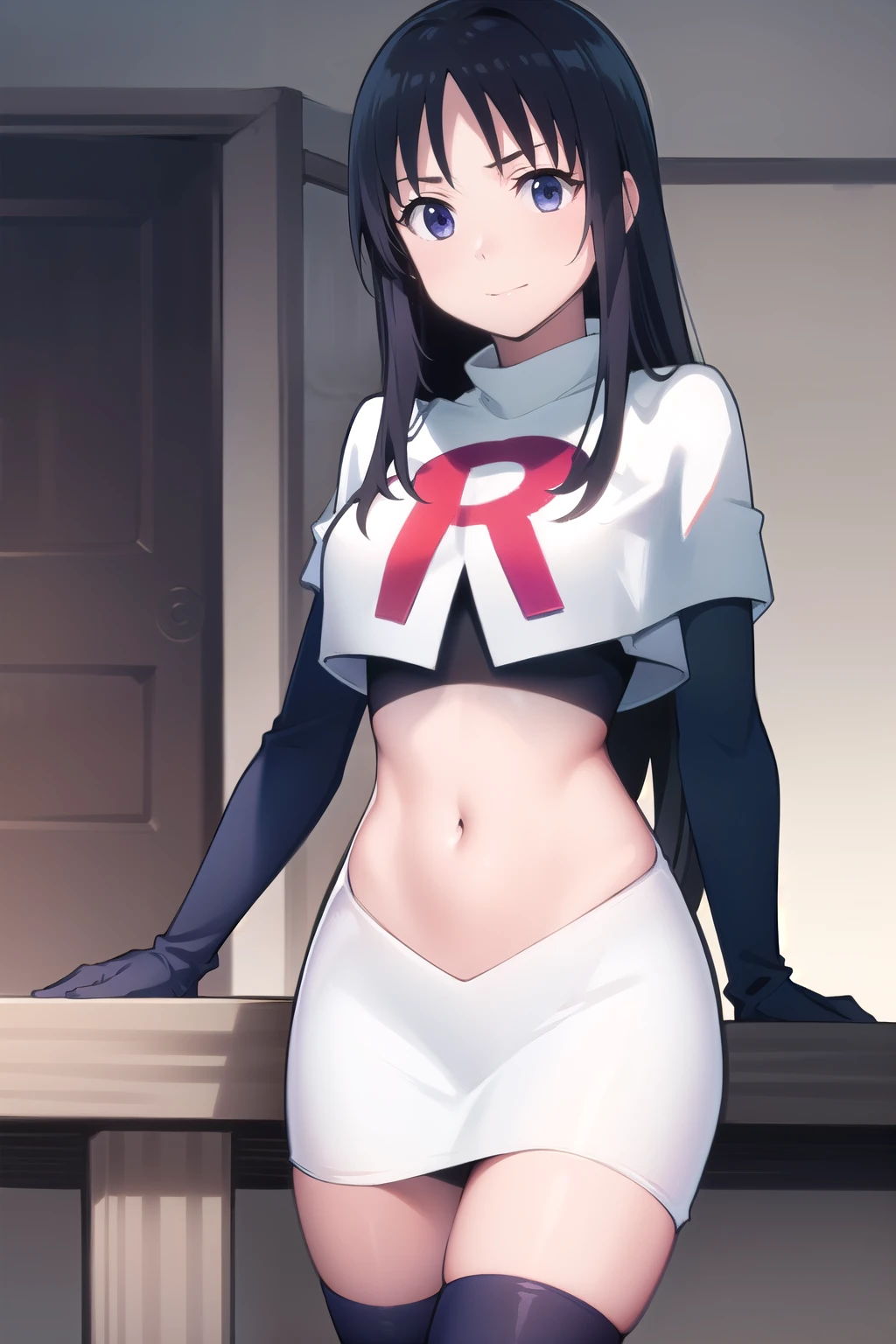 photorealistic, (4k), depth of field, (Masterpiece), (realistic skin texture), extremely detailed, intricate, hyper detailed, professional photography, high resolution, sharp detail, best quality, girl, long hair, black hair, dark blue eyes, face mark,team rocket,team rocket uniform,white skirt,red letter R,crop top,black thigh-highs,black elbow gloves
