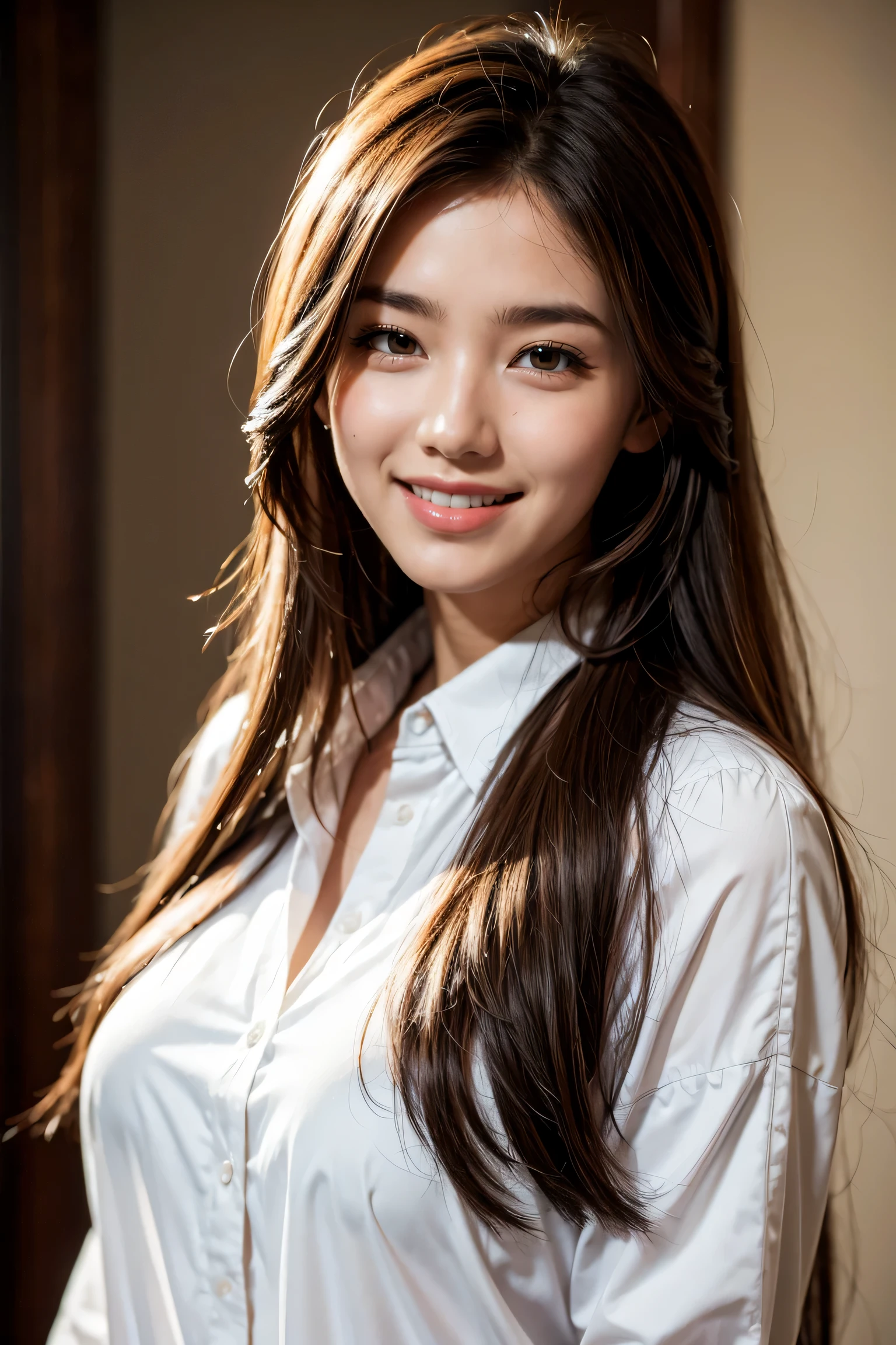 masterpiece, best quality, photorealistic, raw photo, 1girl, long hair, medium breast, collared blouse, light smile, detailed skin, pore, simple background