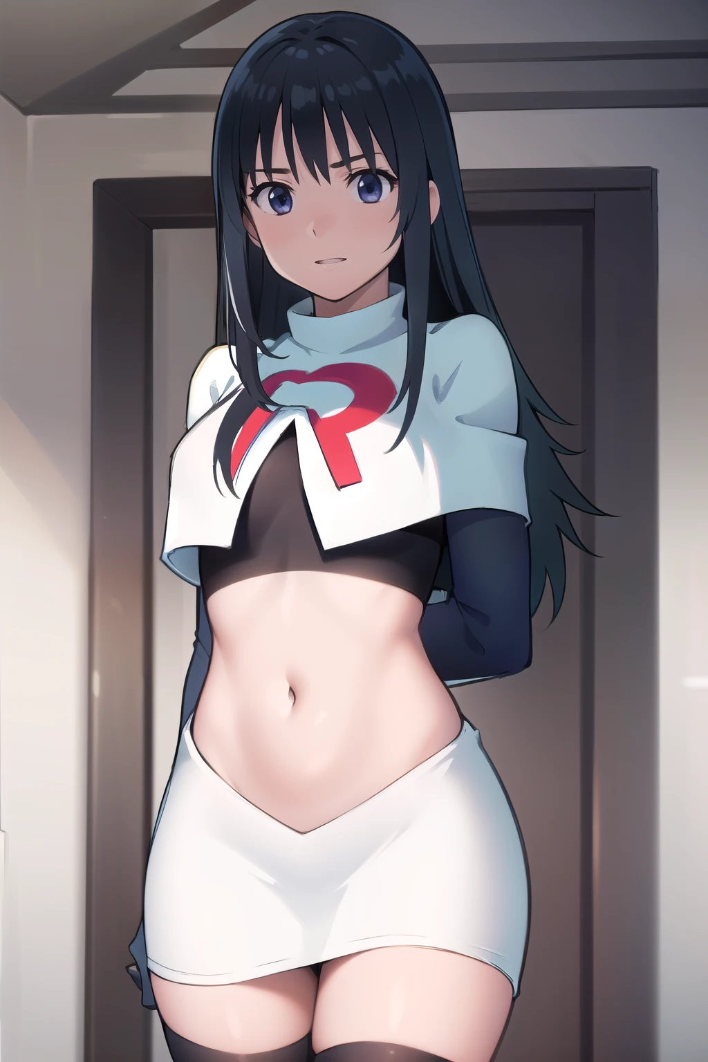 photorealistic, (4k), depth of field, (Masterpiece), (realistic skin texture), extremely detailed, intricate, hyper detailed, professional photography, high resolution, sharp detail, best quality, girl, long hair, black hair, dark blue eyes, face mark,team rocket,team rocket uniform,white skirt,red letter R,crop top,black thigh-highs,black elbow gloves

