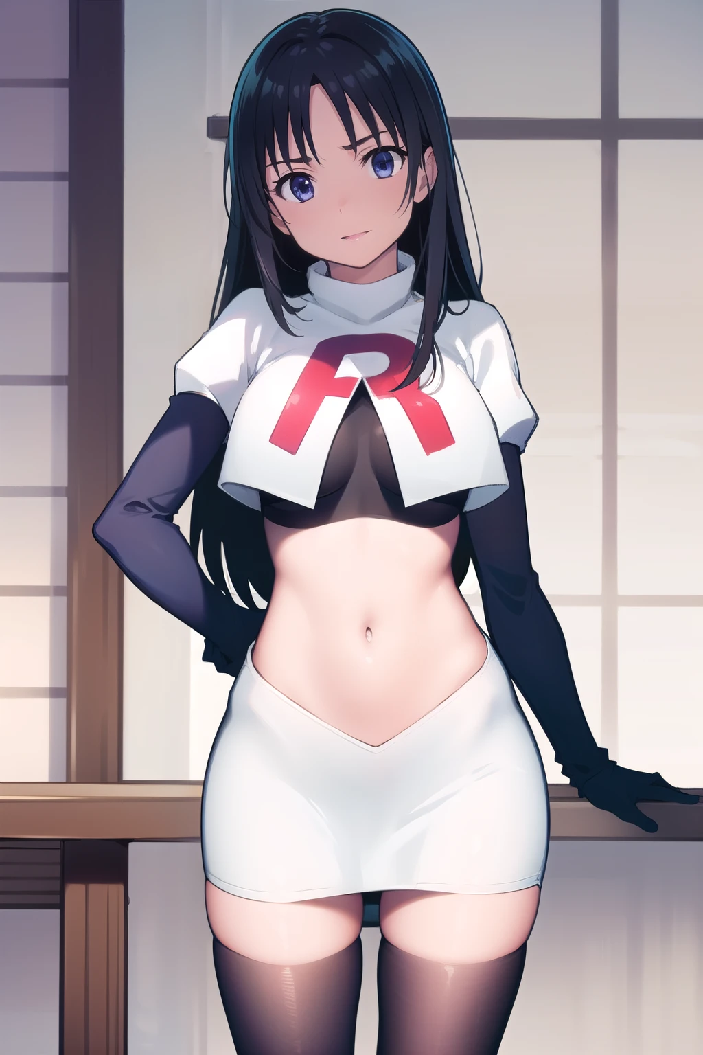 photorealistic, (4k), depth of field, (Masterpiece), (realistic skin texture), extremely detailed, intricate, hyper detailed, professional photography, high resolution, sharp detail, best quality, girl, long hair, black hair, dark blue eyes, face mark,team rocket,team rocket uniform,white skirt,red letter R,crop top,black thigh-highs,black elbow gloves
