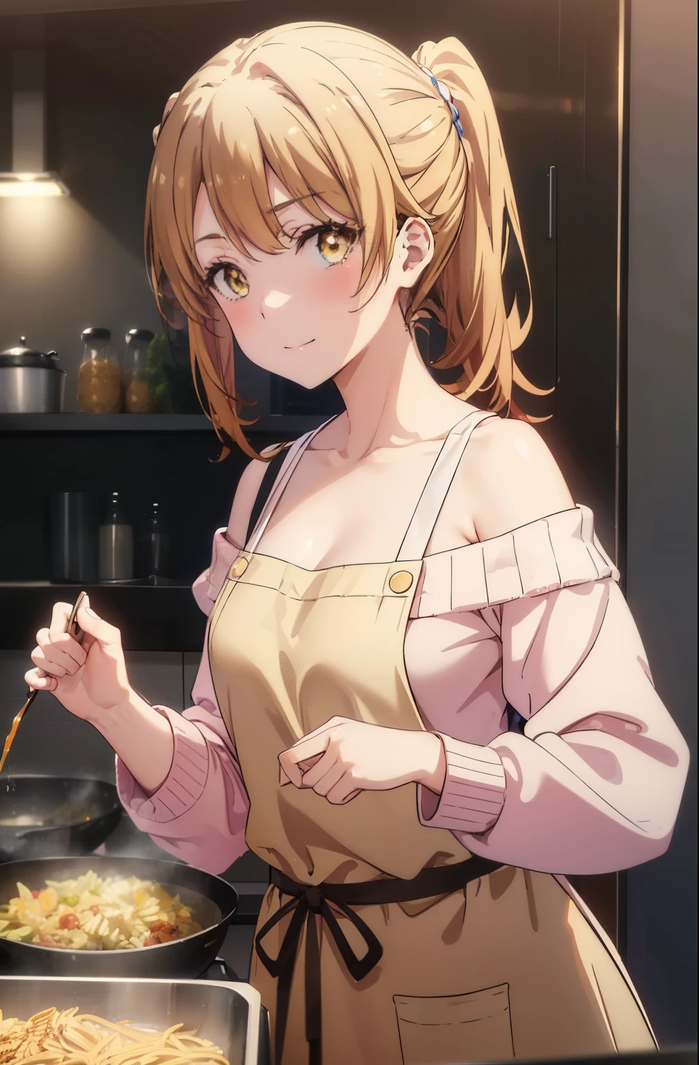 irohaisshiki, iroha isshiki, long hair, ponytail,brown hair, (brown eyes:1.5), blush,smile,open your mouth,off shoulder sweater,naked neck,bare clavicle,bare shoulders,long skirt,indoor slippers,apron,cook in the kitchen、cook pasta on a frying pan,noon,　　　　　　　　　　　　　　　break indoors, kitchen,
break looking at viewer,
break (masterpiece:1.2), highest quality, High resolution, unity 8k wallpaper, (figure:0.8), (detailed and beautiful eyes:1.6), highly detailed face, perfect lighting, Very detailed CG, (perfect hands, perfect anatomy),