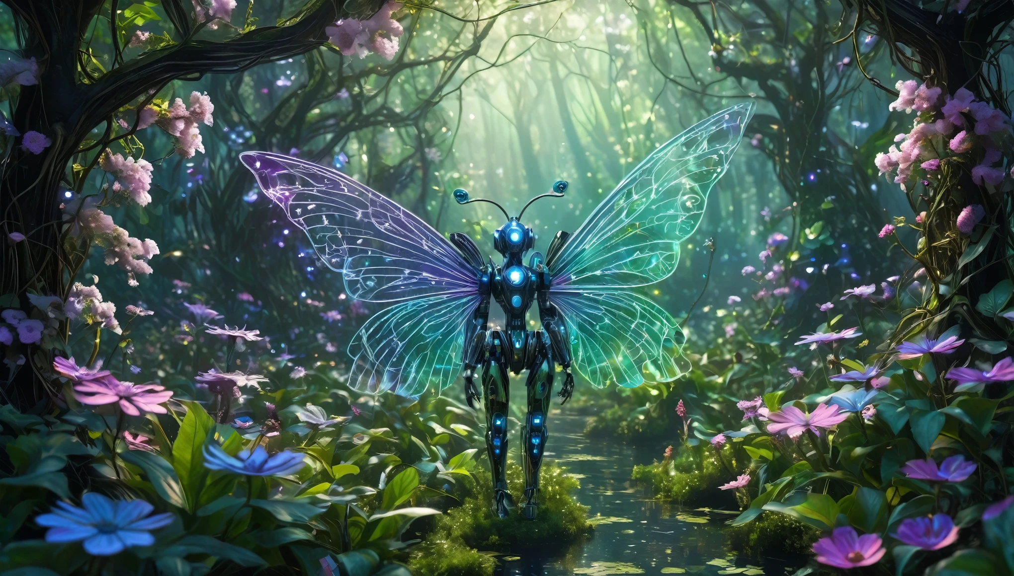 An enchanted glade inhabited by robotic woodland sprites with holographic wings and metallic bodies overgrown with vines of binary blossoms.