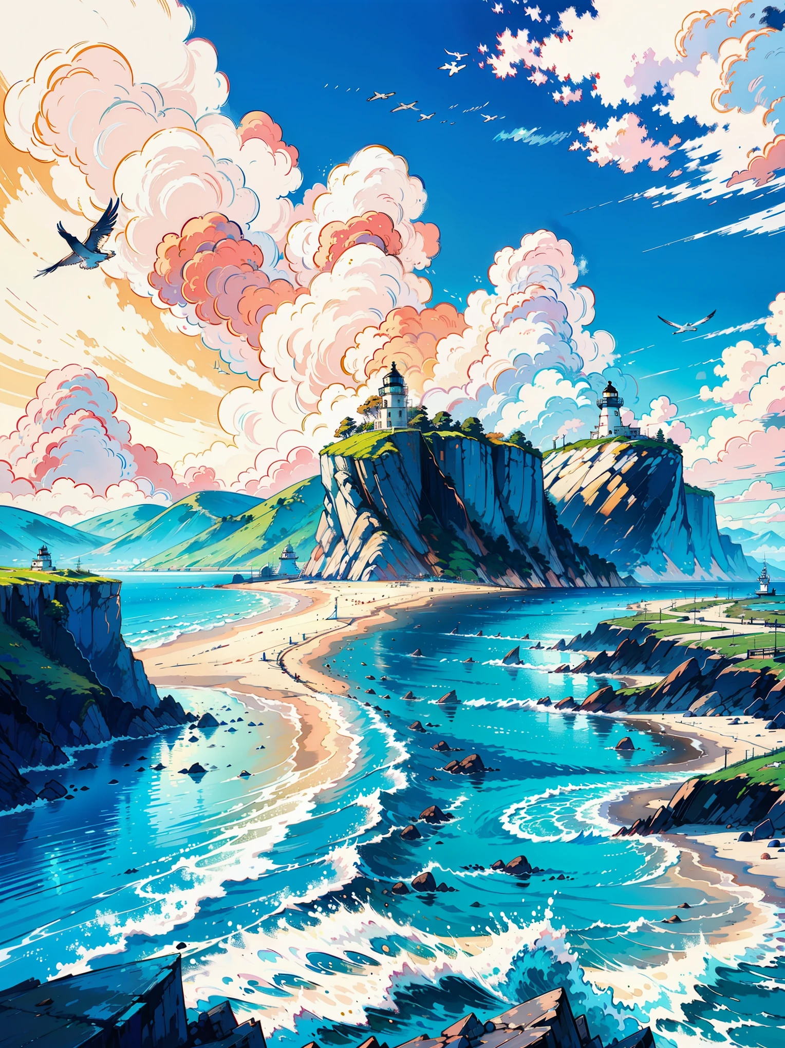 (masterpiece, best quality:1.1), wide angle, from below, (white cliff), mountain, blue ocean, low tide, sea waves, rocky beach, contrail, seagulls,large big light house ,horizon, breeze, summer, morning, sunny, cloud, calm, fresh air, sailboats, lighthouse, depth of field,view from above . Softer color composition ,digital art ,ultra detailing ,HD wallpaper images