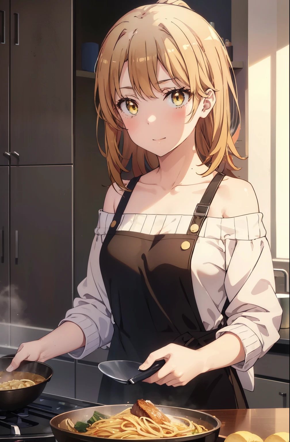 irohaisshiki, iroha isshiki, long hair, ponytail,brown hair, (brown eyes:1.5), blush,smile,open your mouth,off shoulder sweater,naked neck,bare clavicle,bare shoulders,long skirt,indoor slippers,apron,cook in the kitchen、cook pasta on a frying pan,noon, break indoors, kitchen,
break looking at viewer,
break (masterpiece:1.2), highest quality, High resolution, unity 8k wallpaper, (figure:0.8), (detailed and beautiful eyes:1.6), highly detailed face, perfect lighting, Very detailed CG, (perfect hands, perfect anatomy),