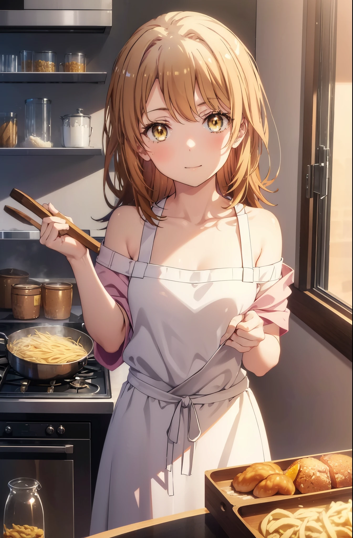 irohaisshiki, iroha isshiki, long hair, ponytail,brown hair, (brown eyes:1.5), blush,smile,open your mouth,off shoulder sweater,naked neck,bare clavicle,bare shoulders,long skirt,indoor slippers,apron,cook in the kitchen、cook pasta on a frying pan,noon, break indoors, kitchen,
break looking at viewer,
break (masterpiece:1.2), highest quality, High resolution, unity 8k wallpaper, (figure:0.8), (detailed and beautiful eyes:1.6), highly detailed face, perfect lighting, Very detailed CG, (perfect hands, perfect anatomy),