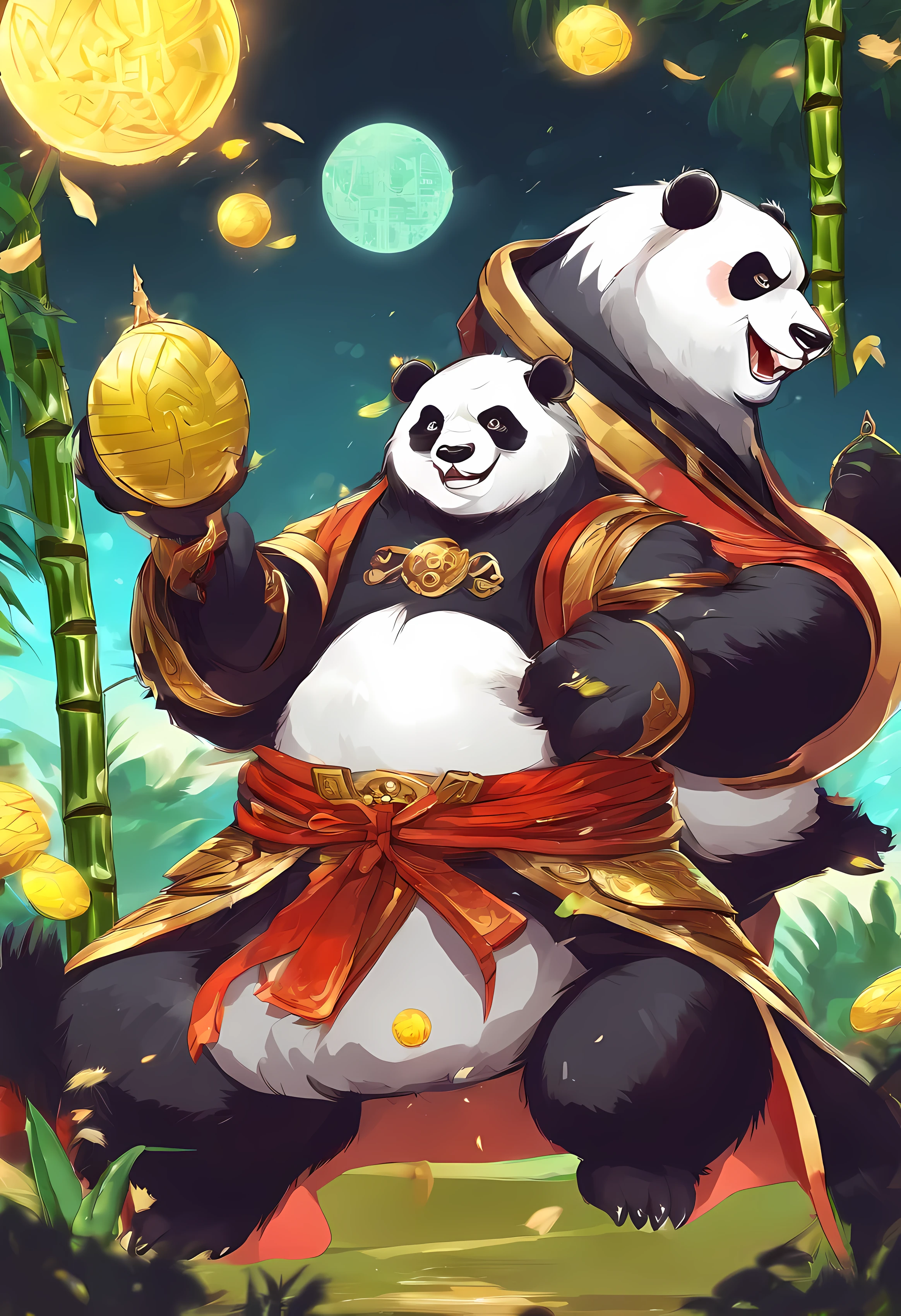 Animated scene with giant panda theme，Roar shows great power., The background is a full moon.。, There are bamboo fighting groups in many areas.，gas station trends, Beautiful artistic illustration, Drake-style digital art details,  fantasy动漫插画, Gurwitz style artwork, Digital illustration of the poster logo, author：Yang Jie, Durian from different regions, There are also gold and silver coins flying all over the floor.. pixiv contest winners, Popular topics on artstation pixiv, Brand product logo 5 stars, bamboo industry, fantasy, The dark side,