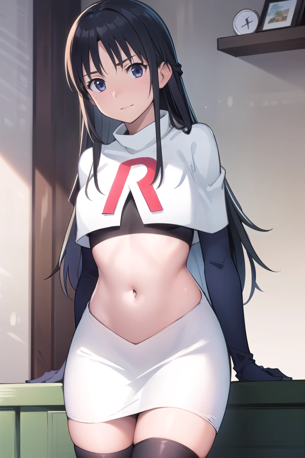 photorealistic, (4k), depth of field, (Masterpiece), (realistic skin texture), extremely detailed, intricate, hyper detailed, professional photography, high resolution, sharp detail, best quality, girl, long hair, black hair, dark blue eyes, face mark,team rocket,team rocket uniform,white skirt,red letter R,crop top,black thigh-highs,black elbow gloves
