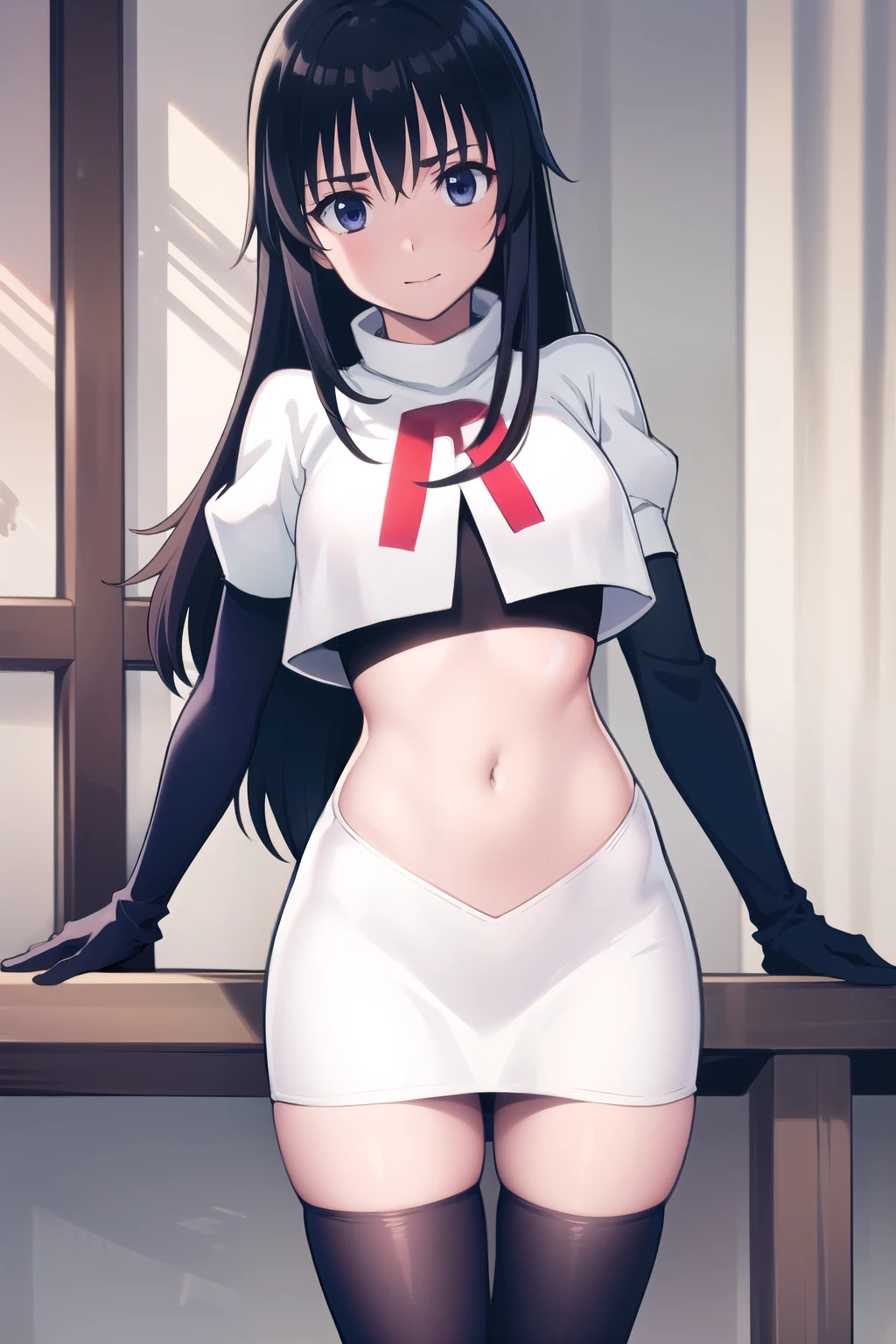 photorealistic, (4k), depth of field, (Masterpiece), (realistic skin texture), extremely detailed, intricate, hyper detailed, professional photography, high resolution, sharp detail, best quality, girl, long hair, black hair, dark blue eyes, face mark,team rocket,team rocket uniform,white skirt,red letter R,crop top,black thigh-highs,black elbow gloves
