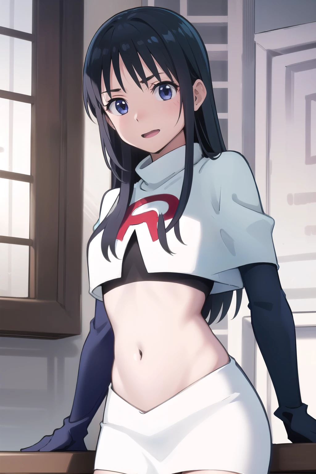 photorealistic, (4k), depth of field, (Masterpiece), (realistic skin texture), extremely detailed, intricate, hyper detailed, professional photography, high resolution, sharp detail, best quality, girl, long hair, black hair, dark blue eyes, face mark,team rocket,team rocket uniform,white skirt,red letter R,crop top,black thigh-highs,black elbow gloves
