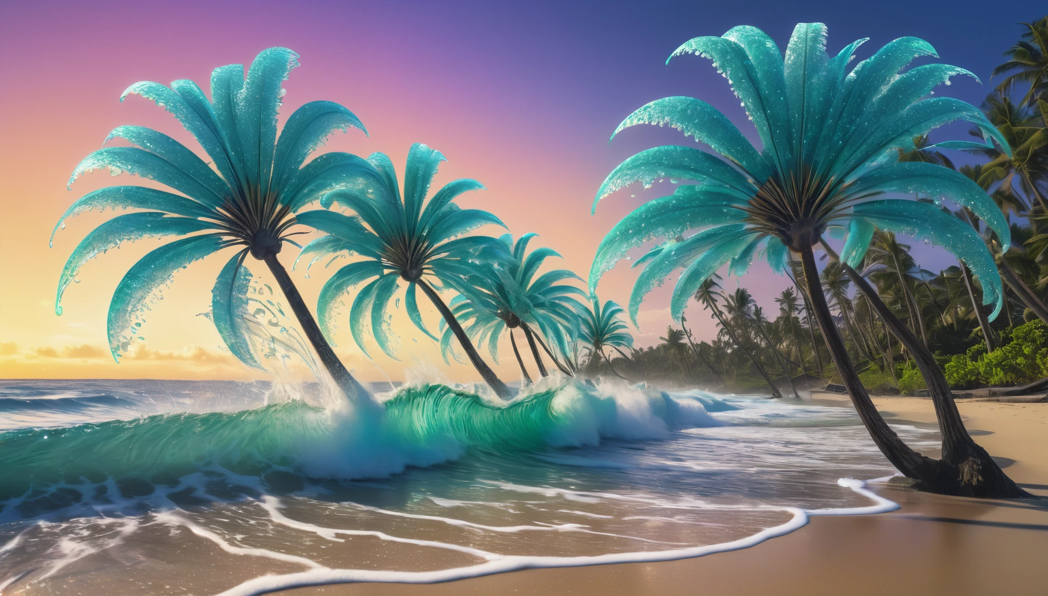A fractal beach where crashing waves of iridescent data foam around leafy palms composed of twisting circuitry sprouting holographic coconuts.