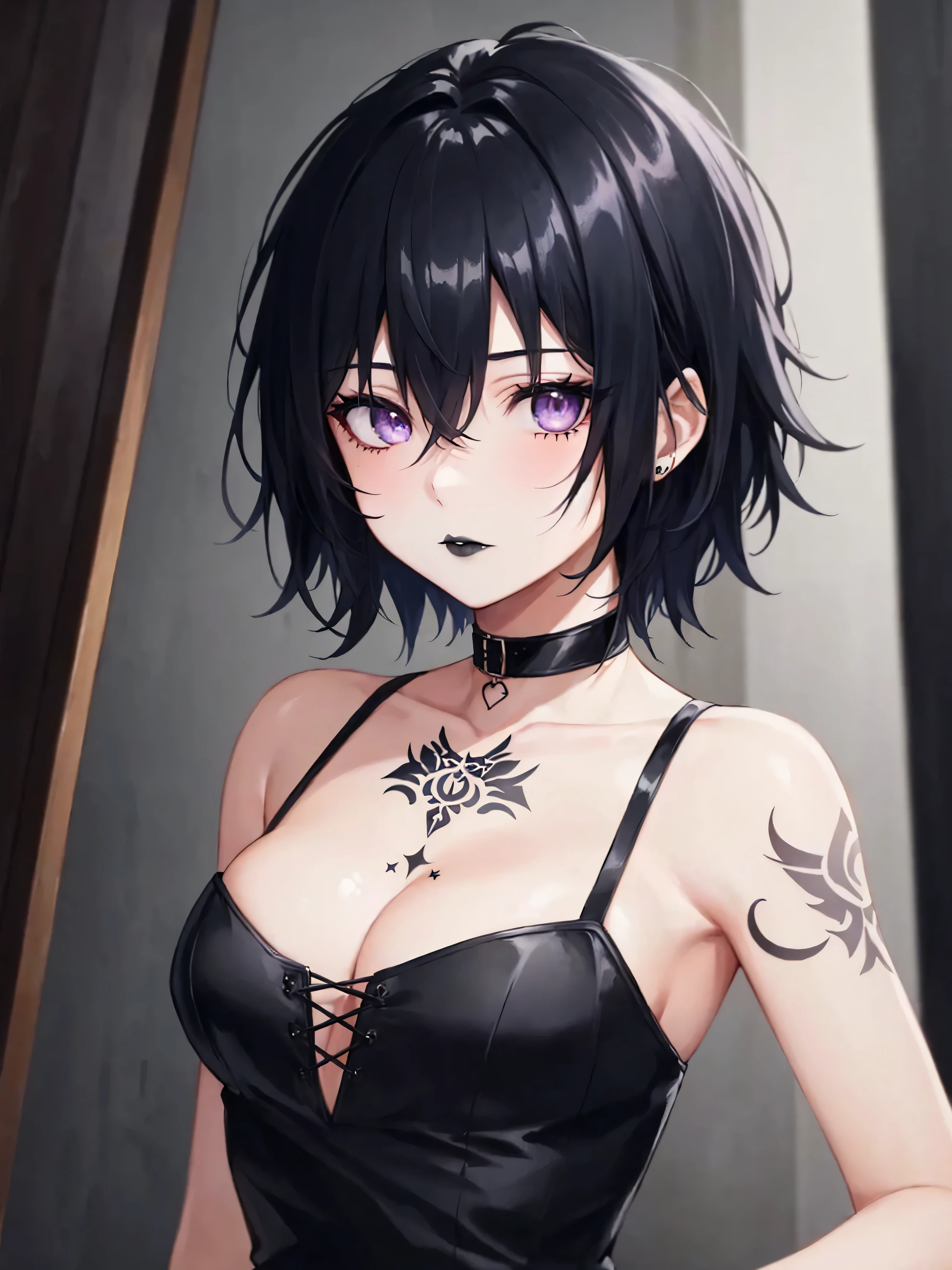 masterpiece,(best quality,top quality,8k),illustration,painting,detailed eyes and face,(1girl), (pale skin:0.8), purple eyes, black hair, messy hair, short hair, hair between eyes,(tatto:1.2), wolfcut, pixie cut, goth, gothic, punk, choker, black lips, (black dress,cleavage),small breast, night,