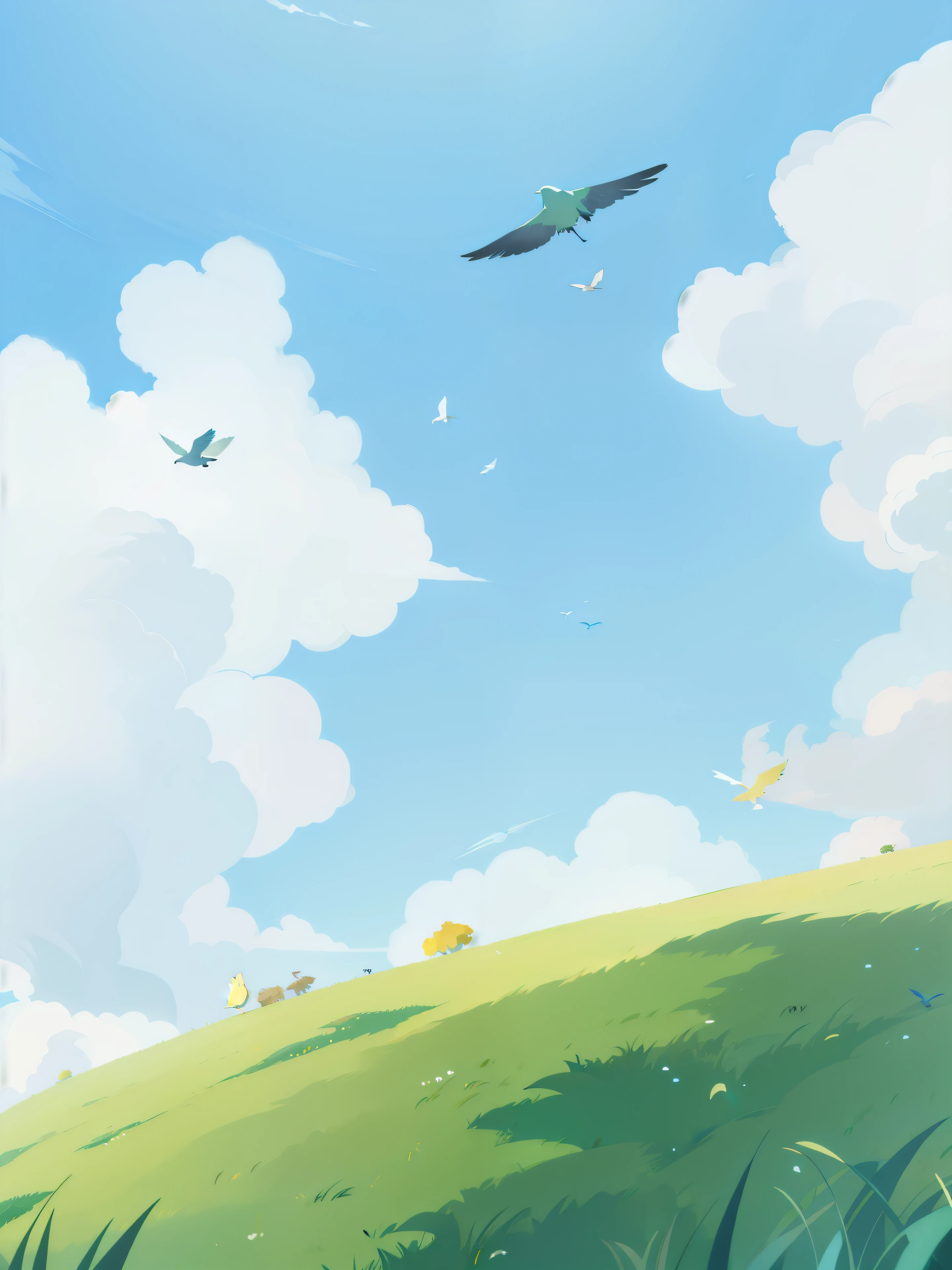 Cartoon picture of birds flying in the sky in the field, background art, anime background, anime background art, Animation pastoral scenery, breeze background, anime scenery, airy landscape, anime scenery wallpaper, background artwork, simple background, some details. number, field background, Random background scene, In animation artist studio, grassy hills, Anime landscape