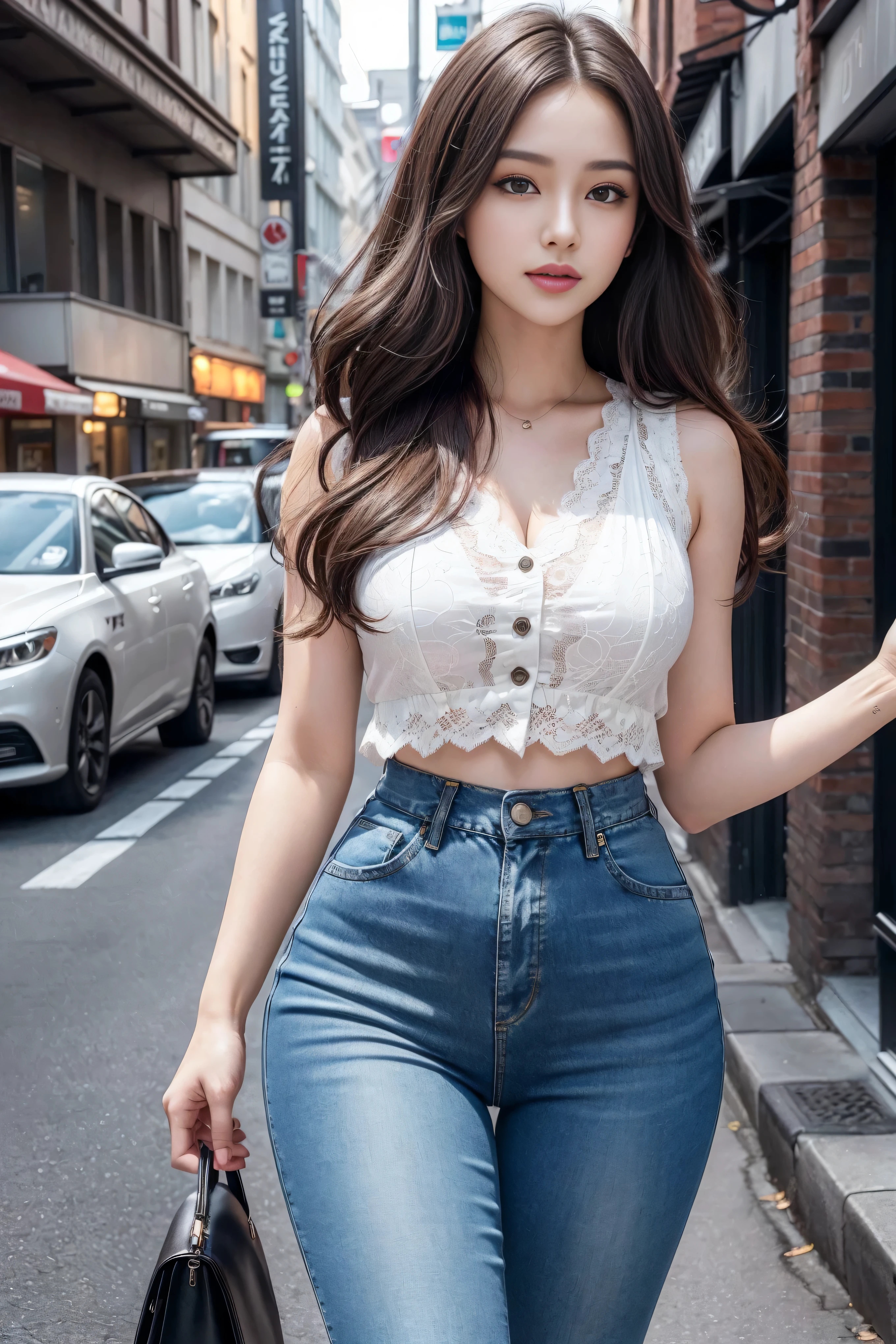 ((Realistic lighting, best quality, 8k, masterpiece:1.3)), (lock focus:1.2), (2 girls),(Beautiful woman with perfect body:1.4)，2 Korean beauties, kpop idol，Leg length，(pale skin), (big eyes),（Smile：0.8），（plump sexy lips）， complex and detailed face, ((Skin is super delicate))，delicate face，Super face slimming，narrow eyes，double eyelids，((Dark brown hair)), (white lace underwear:1.4）,Background Shibuya streets，emphasize，Super face slimming，narrow eyes，double eyelids，（start from below：1.manner，（medium chest：1.2），Sexy long legs， （Thigh clearance：1.5），wide hips，S-shaped body，Vest line， Hips raised，Leg length，Skinny denim trousers，Shot from the front，long over-the-knee leather boots，