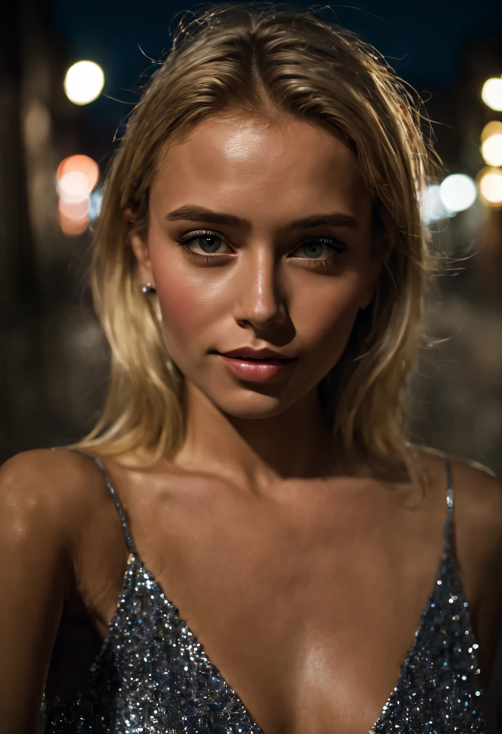 (selfie, top view: 1.4), (straight half of the body: 1.4), RAW UHD portrait photo of a 29-year-old blonde walking down a dark alley, Nice , city at night, (dress), (neckline), details (textures! , hair! , glitter, color!! , disadvantages: 1.1), glossy eyes with high detail (looking at the camera), SLR lighting, SLR camera, ultra-quality, sharpness, depth of field, film grain (center), Fujifilm XT3, crystal clear, frame center, beautiful face, sharp focus, street lamp, neon lighting, bokeh (dimly lit), night, (night sky), detailed skin pores, oily skin, sunburn, complex eye details, full body,