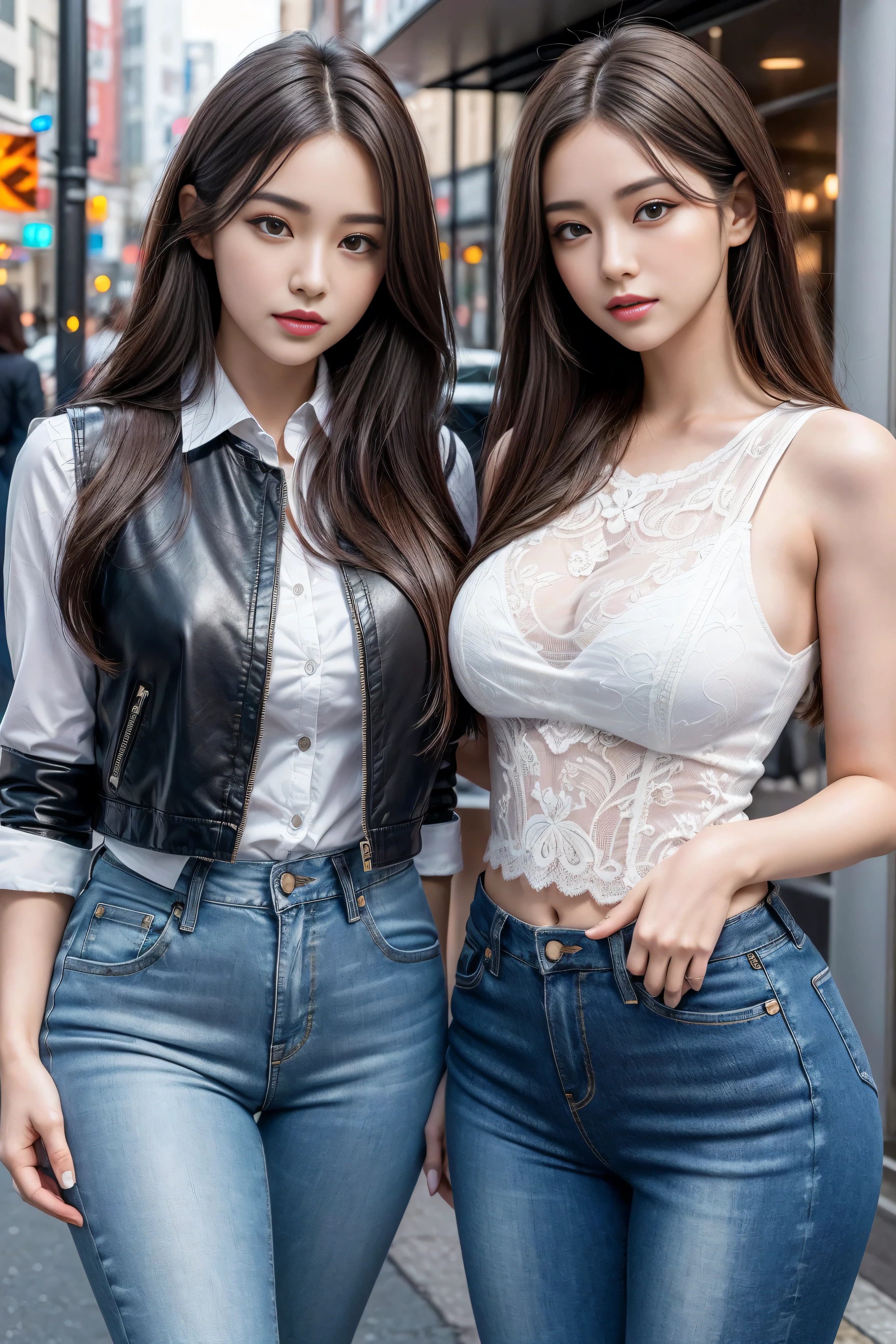((Realistic lighting, best quality, 8k, masterpiece:1.3)), (lock focus:1.2), (2 girls),(Beautiful woman with perfect body:1.4)，2 Korean beauties, kpop idol，Leg length，(pale skin), (big eyes),（Smile：0.8），（plump sexy lips）， complex and detailed face, ((Skin is super delicate))，delicate face，Super face slimming，narrow eyes，double eyelids，((Dark brown hair)), (white lace underwear:1.4）,Background Shibuya streets，emphasize，Super face slimming，narrow eyes，double eyelids，（start from below：1.manner，（medium chest：1.2），Sexy long legs， （Thigh clearance：1.5），wide hips，S-shaped body，Vest line， Hips raised，Leg length，Skinny denim trousers，Shot from the front，long over-the-knee leather boots，