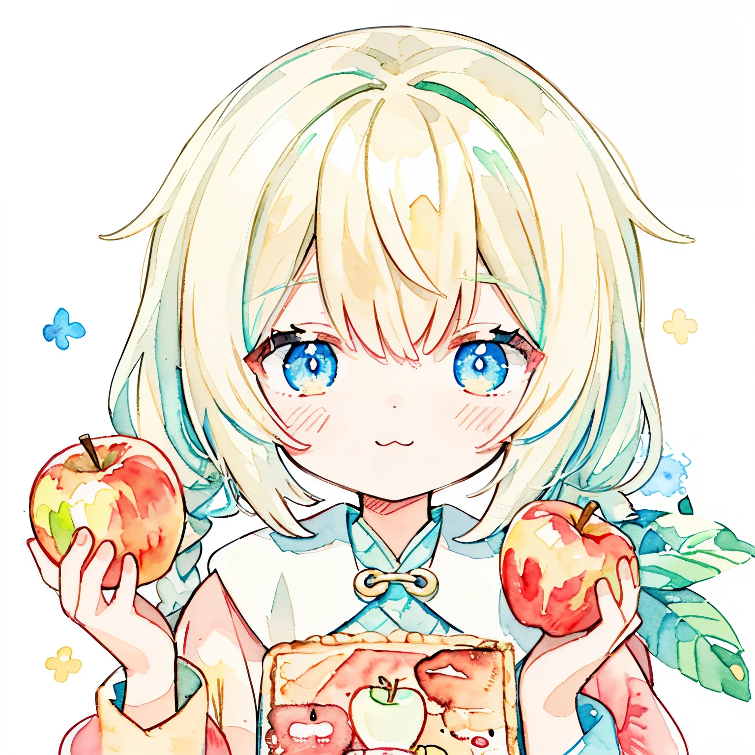 pastel shades:1.5)、(cute illustration:1.5)、(watercolor painting:1.2)、light blue background、girl with、Esbian for the whole body、smile、stranger、Pale yellow throughout the body、Mio、marble、colorful、they want、an apple、Apple slices、Uncut blonde hair、Blue eyes、Apple pie、a little mint