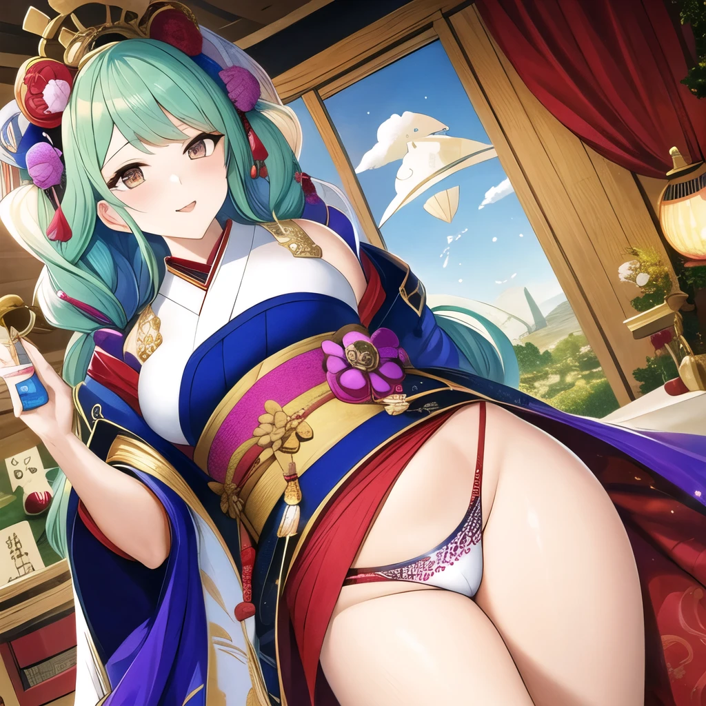 (masseter membrane、top quality、renaissance style、mystery、Exquisite and beautiful、official art、Sharaku:1.2)、(1 girl in:1.3)、(Fractal art:1.3)、cowboy shooting、White skin、Set against the backdrop of Renaissance art、rich and colorful、(reel、Belongs to Japanese style:1.2)、glowing skin、spread your legs,Camel toe showing thigh!!!、