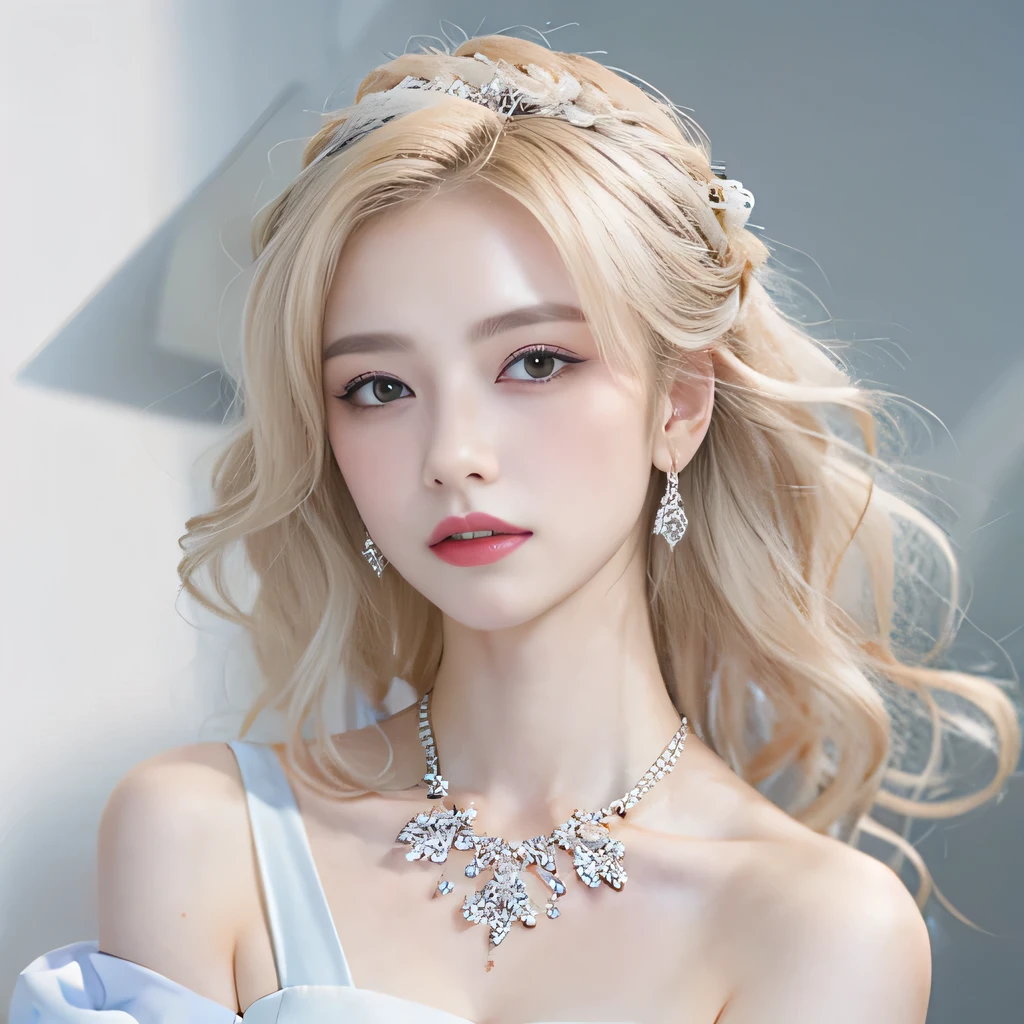 8k）、（best image quality:1.5）、gray background、close up of face、１girl、masterpiece、delicate and sharp eyes、brown eyes、eye power、delicate face、cup、attractive face、platinum blonde hair、Semi-long wave、ライトBlue Wedding Dresses、Blue Wedding Dresses、I can see the collarbone、gal、Emphasis on the clavicle、earrings、necklace