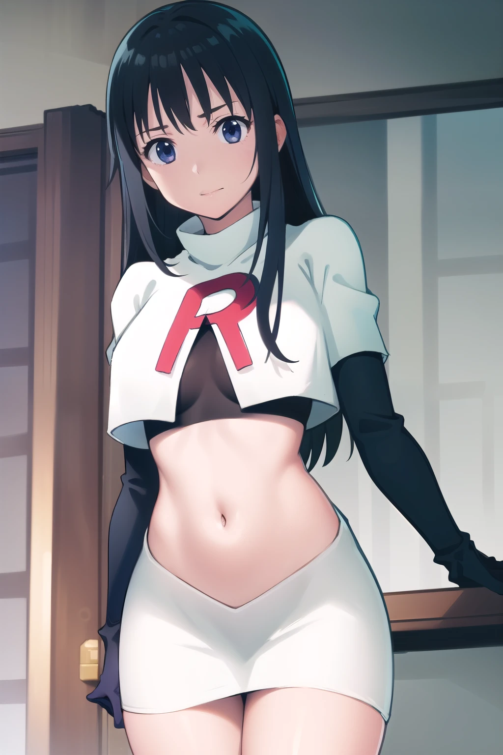 photorealistic, (4k), depth of field, (Masterpiece), (realistic skin texture), extremely detailed, intricate, hyper detailed, professional photography, high resolution, sharp detail, best quality, girl, long hair, black hair, dark blue eyes, face mark,team rocket,team rocket uniform,white skirt,red letter R,crop top,black thigh-highs,black elbow gloves