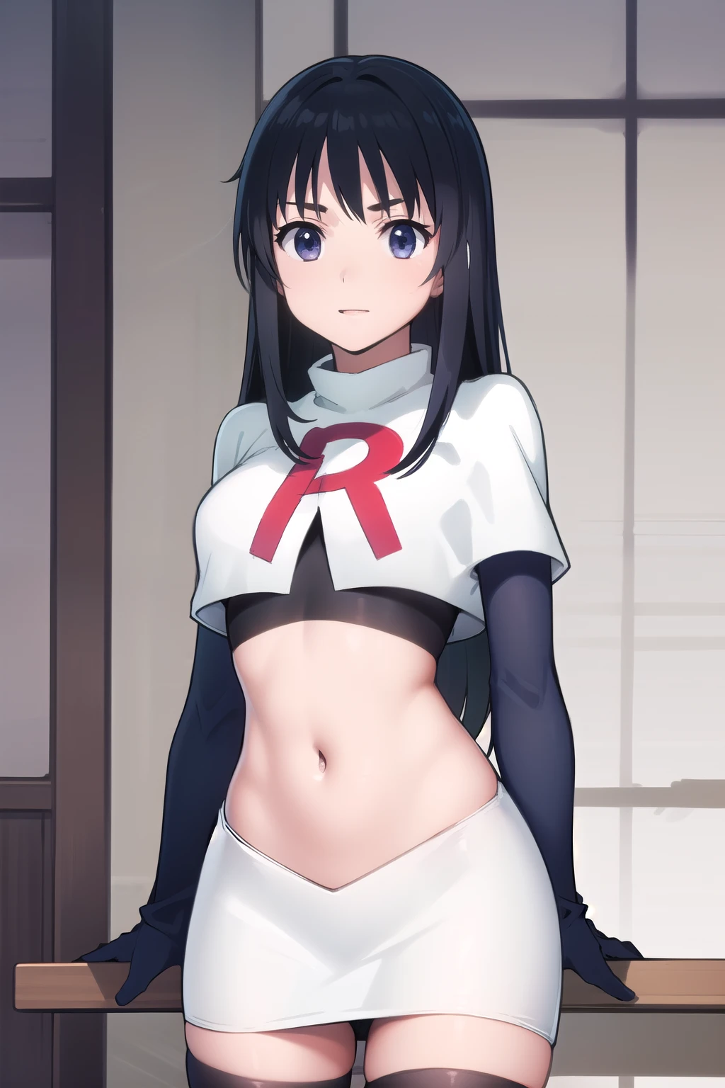 photorealistic, (4k), depth of field, (Masterpiece), (realistic skin texture), extremely detailed, intricate, hyper detailed, professional photography, high resolution, sharp detail, best quality, girl, long hair, black hair, dark blue eyes, face mark,team rocket,team rocket uniform,white skirt,red letter R,crop top,black thigh-highs,black elbow gloves
