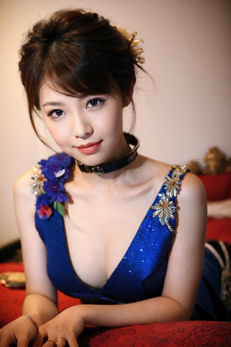 medium view, medium shot, Depth of written boundary, bust, Upper body, cinematic angle, masterpiece, highest quality, Super detailed, CG, 8k wallpaper, beautiful face, delicate eyes, maiden, alone, smile, bangs, thick dog red collar、octopus tentacle background,Cobalt Blue Dress, bow, petal, bouquet