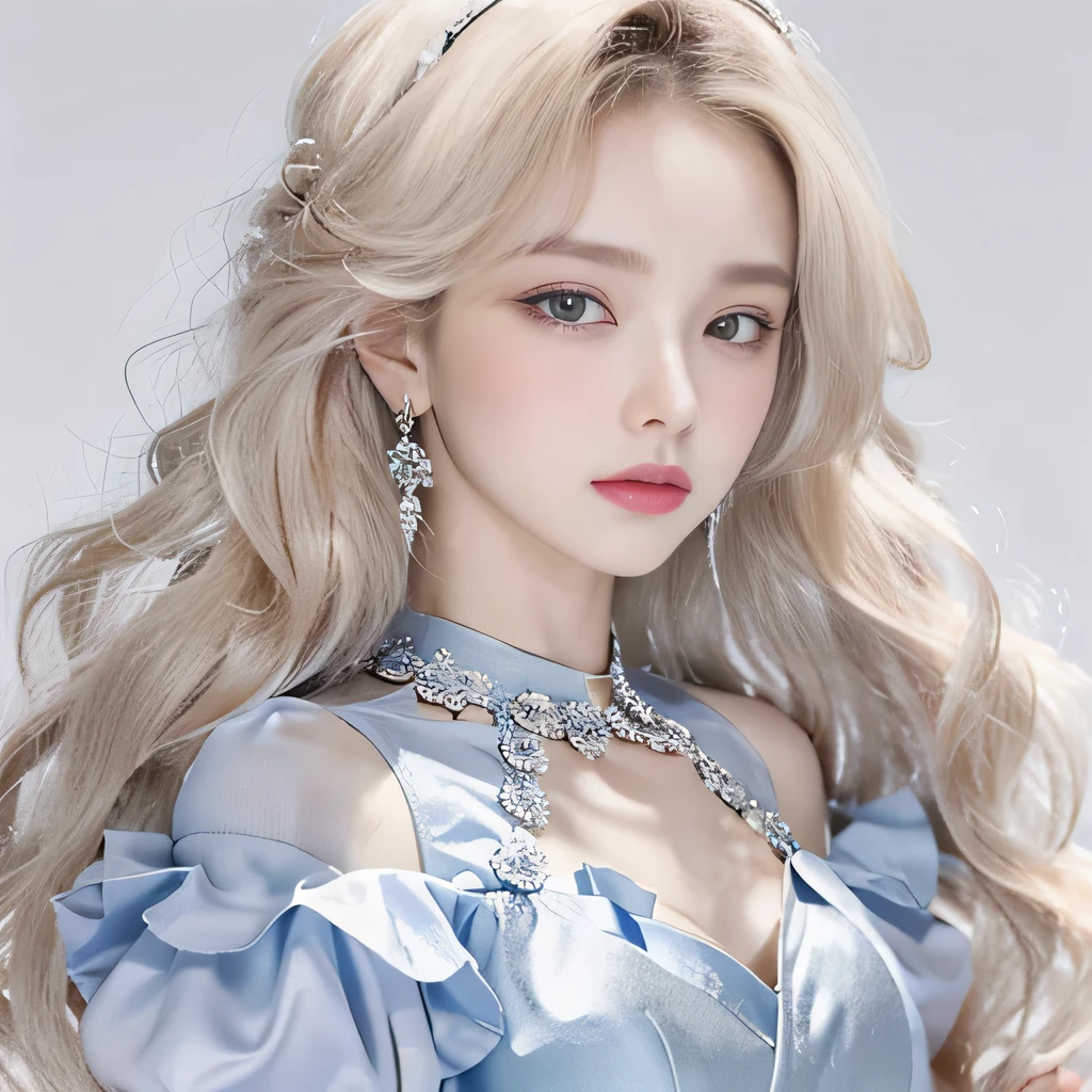 8k）、（best image quality:1.5）、gray background、close up of face、１girl、masterpiece、delicate and sharp eyes、brown eyes、eye power、delicate face、cup、attractive face、platinum blonde hair、Semi-long wave、ライトBlue Wedding Dresses、Blue Wedding Dresses、I can see the collarbone、gal、Emphasis on the clavicle、earrings、necklace