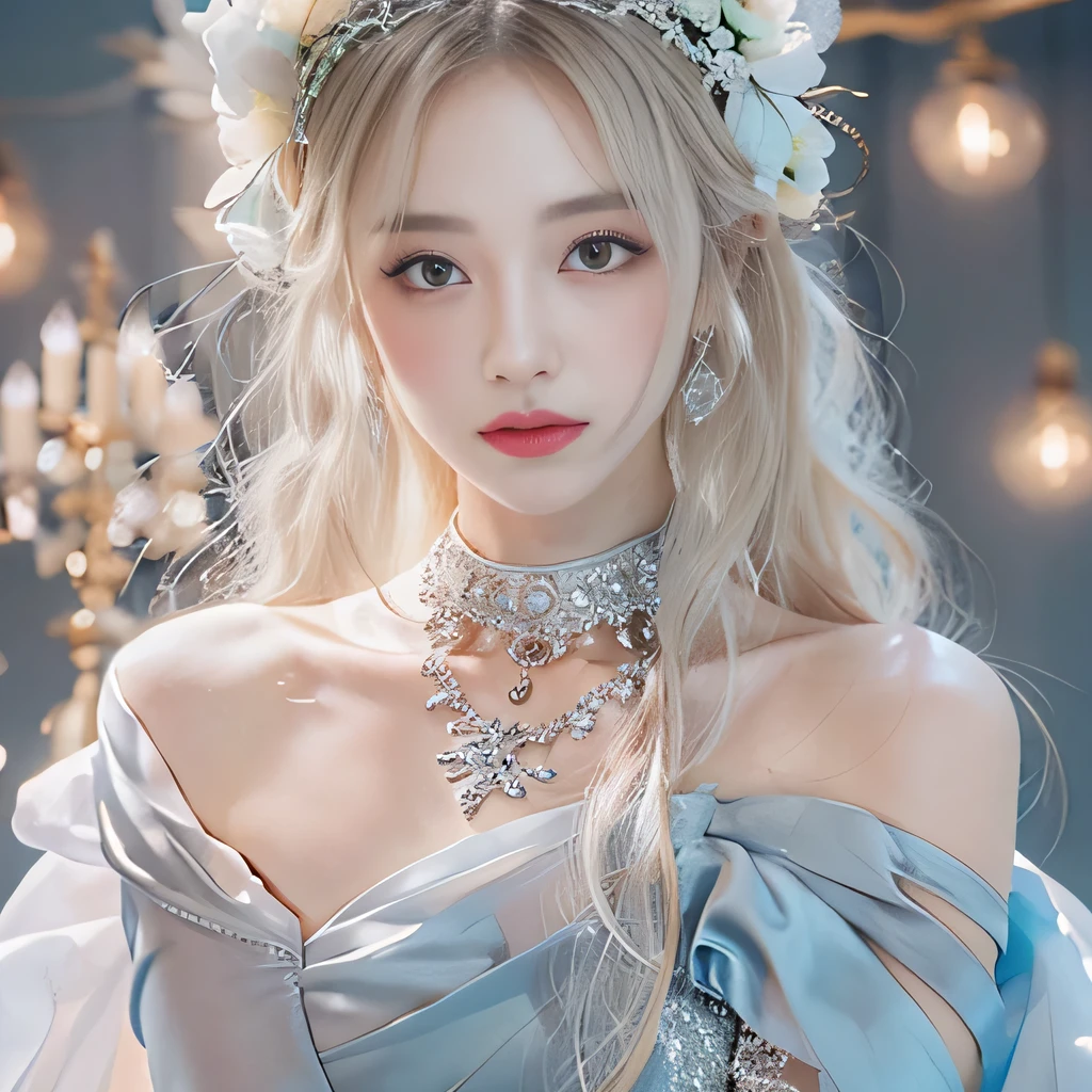 8k)、(best image quality:1.5)、gray background、close up of face、1girl、masterpiece、delicate and sharp eyes、brown eyes、eye power、delicate face、cup、attractive face、platinum blonde hair、Semi-long wave、ライトBlue Wedding Dresses、Blue Wedding Dresses、I can see the collarbone、gal、Emphasis on the clavicle、earrings、necklace
