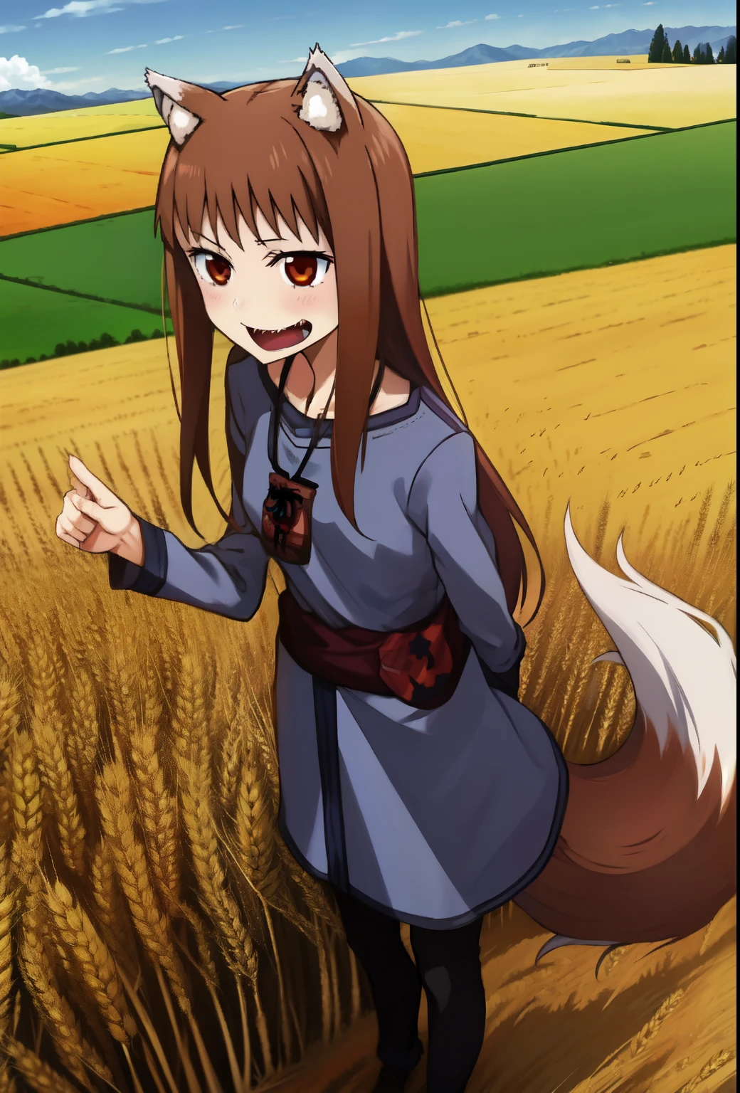 score_9, best quality, masterpiece, uncensored, source_anime
BREAK
1girl, solo, standing, holo \(spice and wolf\), wolf girl, wolf tail, wolf ears, wheat field, detailed background, evening