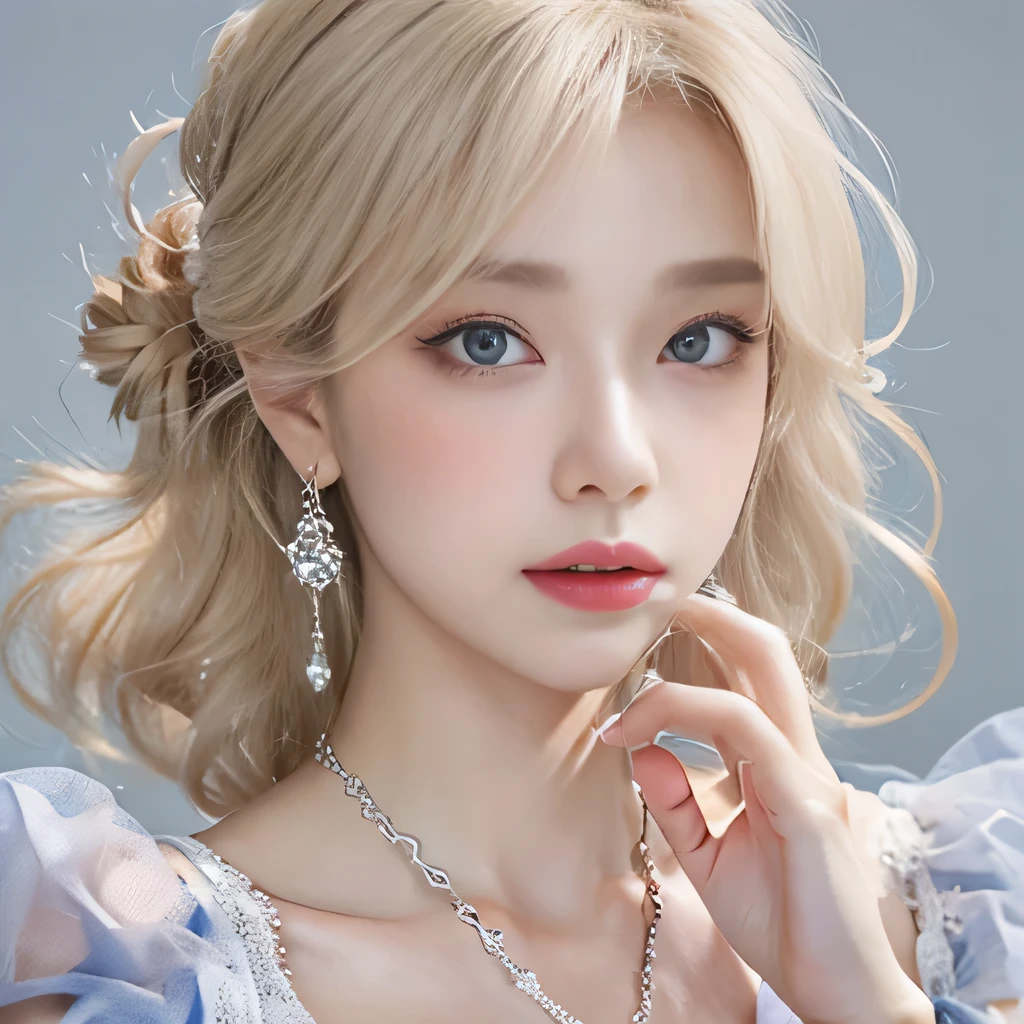 8k)、(best image quality:1.5)、gray background、close up of face、1girl、masterpiece、delicate and sharp eyes、brown eyes、eye power、delicate face、cup、attractive face、platinum blonde hair、Semi-long wave、ライトBlue Wedding Dresses、Blue Wedding Dresses、I can see the collarbone、gal、Emphasis on the clavicle、earrings、necklace