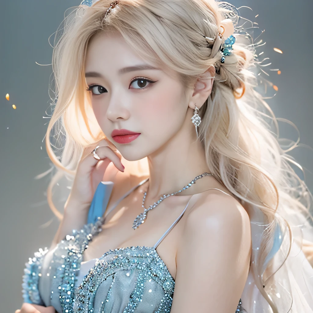 8k）、（best image quality:1.5）、gray background、close up of face、１girl、masterpiece、delicate and sharp eyes、brown eyes、eye power、delicate face、cup、attractive face、platinum blonde hair、Semi-long wave、ライトBlue Wedding Dresses、Blue Wedding Dresses、I can see the collarbone、gal、Emphasis on the clavicle、earrings、necklace
