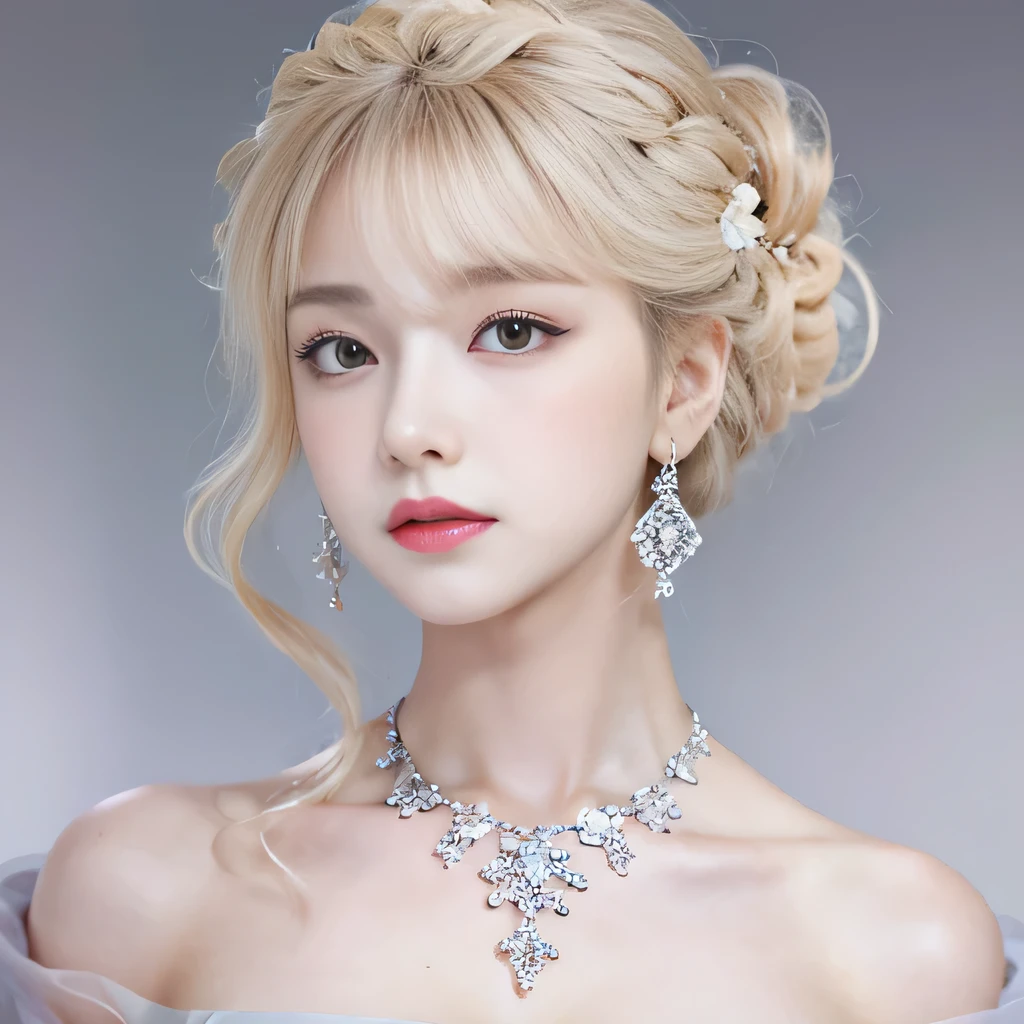 8k）、（best image quality:1.5）、gray background、close up of face、１girl、masterpiece、delicate and sharp eyes、brown eyes、eye power、delicate face、cup、attractive face、platinum blonde hair、Semi-long wave、ライトBlue Wedding Dresses、Blue Wedding Dresses、I can see the collarbone、gal、Emphasis on the clavicle、earrings、necklace